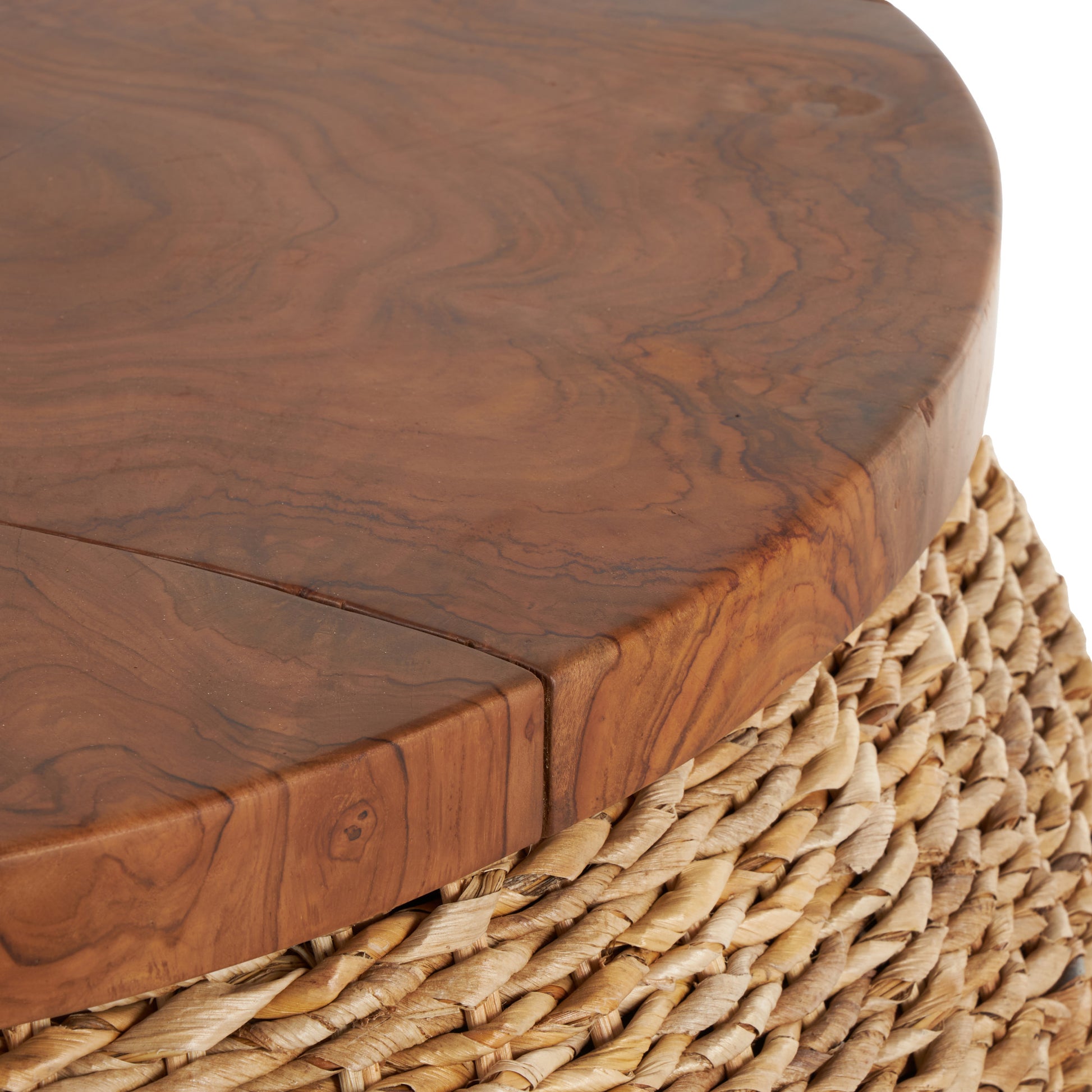 Brown Rattan Wrapped Living Room Coffee Table with Teak Tabletop
