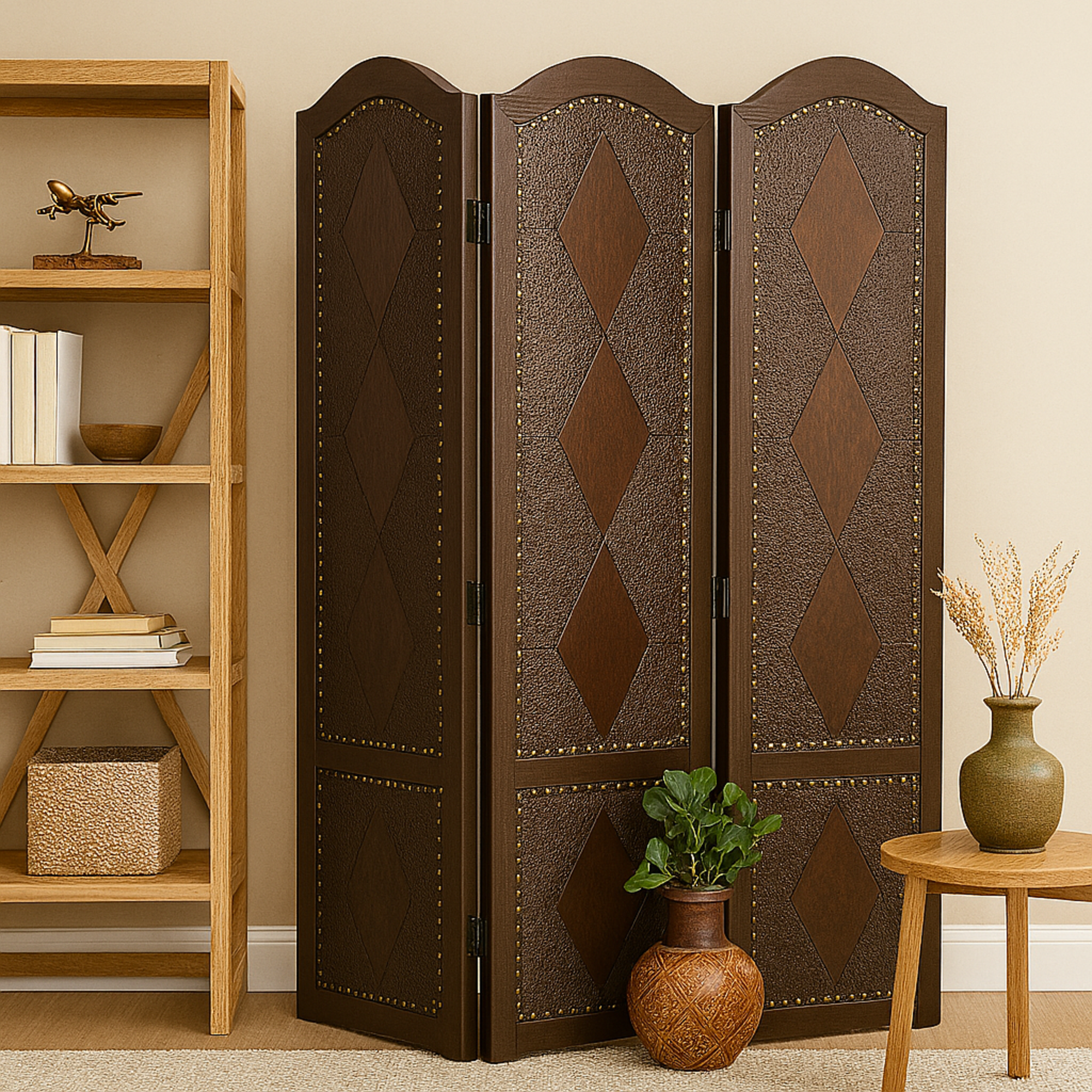 Scroll Brown Faux Leather Foldable Partition 4 Panel Partition Room Divider Screen with Faux Leather Detailing