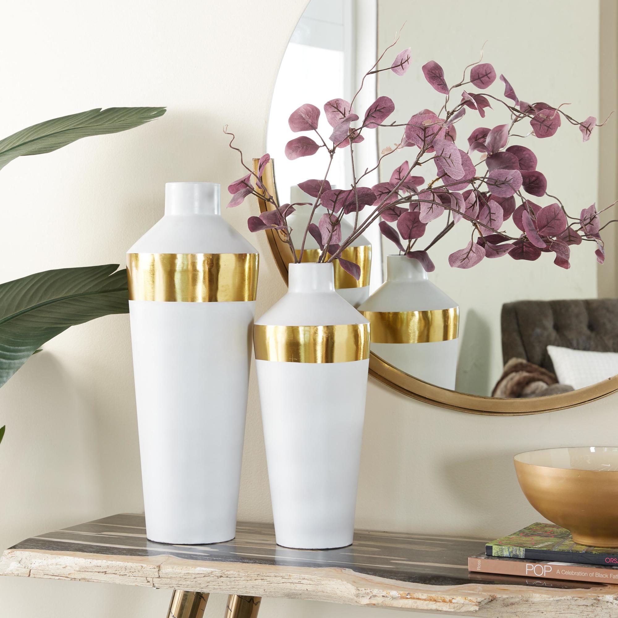 Set of 2 Metal Decorative Vase with Gold Band