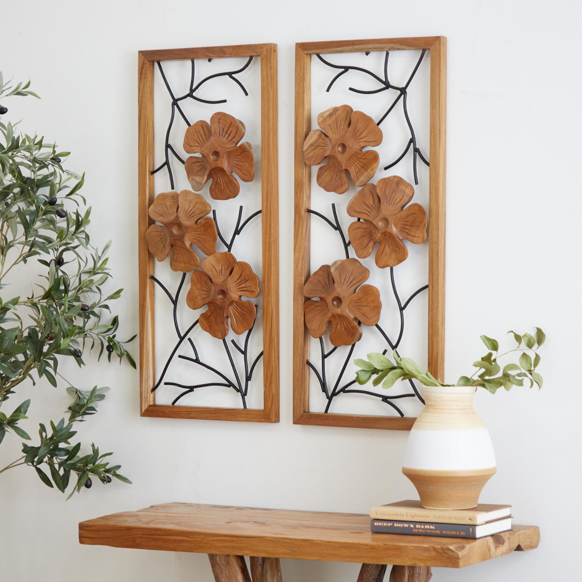 Set of 2 Floral Brown Teak Wood Handmade Framed Carved Home Wall Decor with Metal Wire