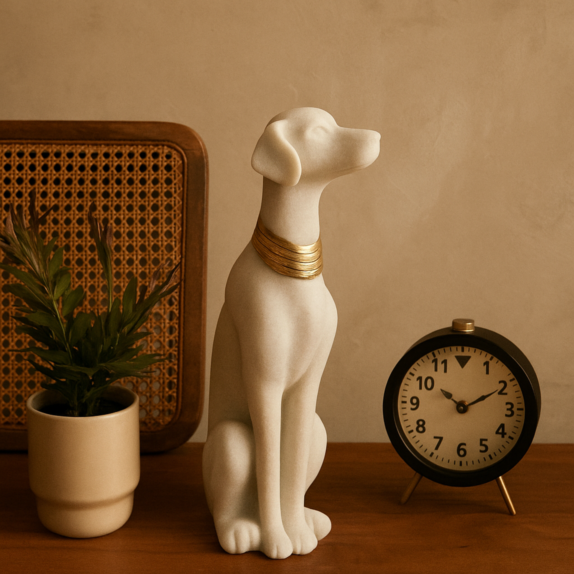 Dog Cream Polystone Sitting Decorative Sculpture with Gold Collar