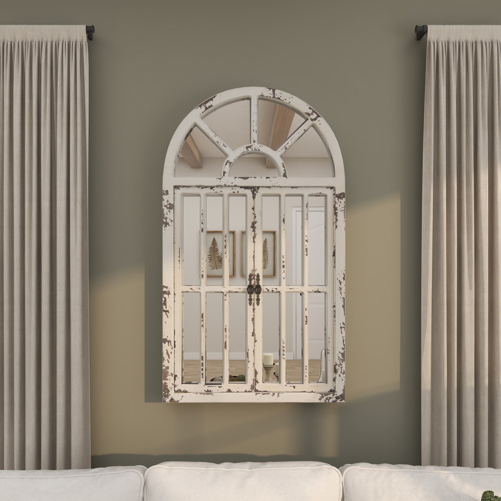 White Wood Window Pane Inspired 2 Door Room Wall Mirror with Arched Top and Distressing