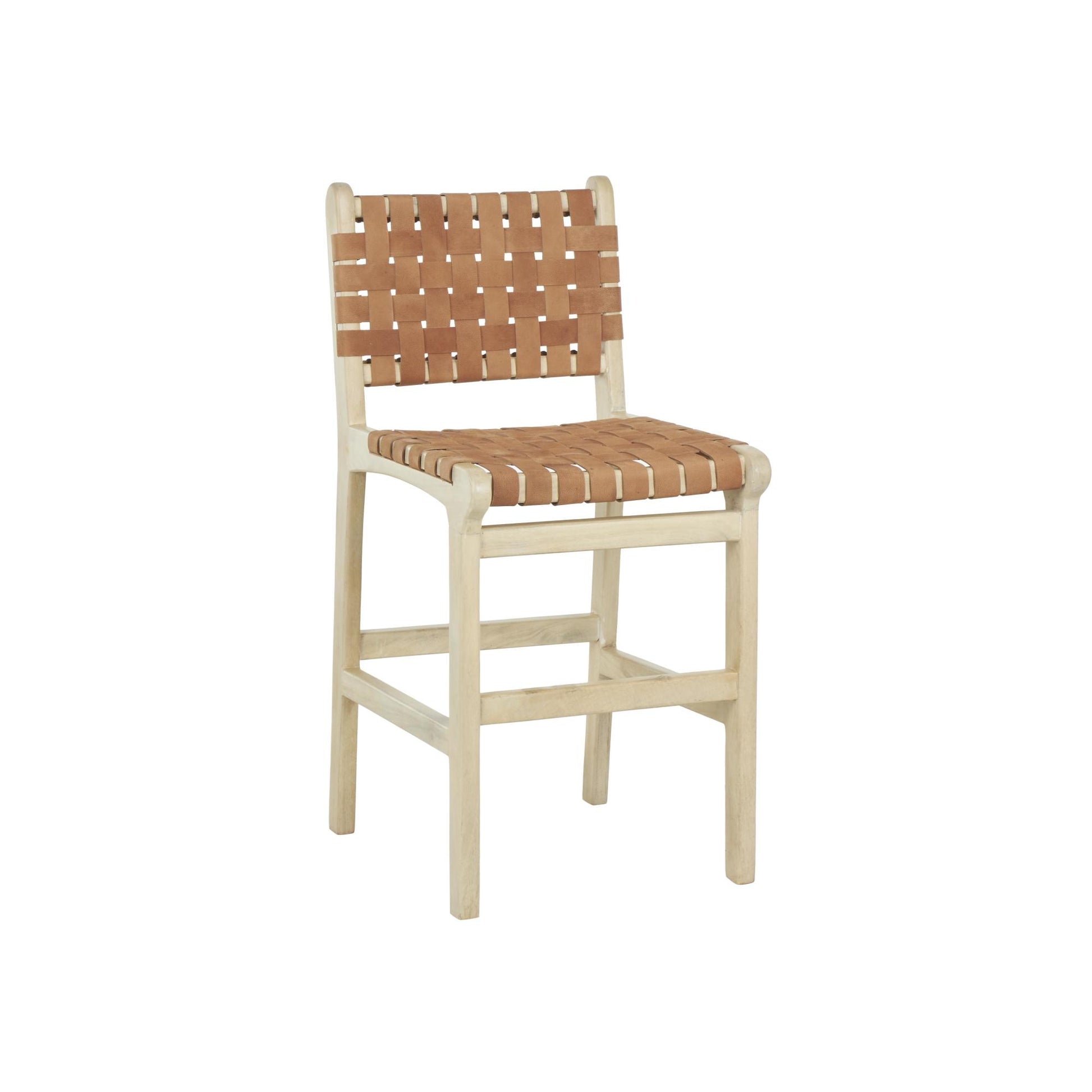 Mango Wood Handmade Woven Kitchen Bar Stool with with Backrest and Footrest