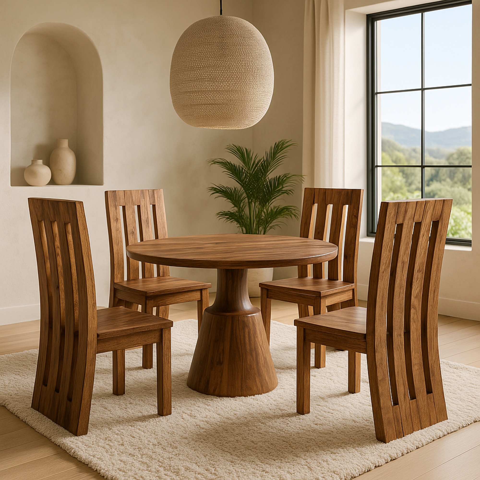 Brown Sheesham Wood Round Kitchen Dining Table with Pedestal Cone Base and Natural Wood Grains