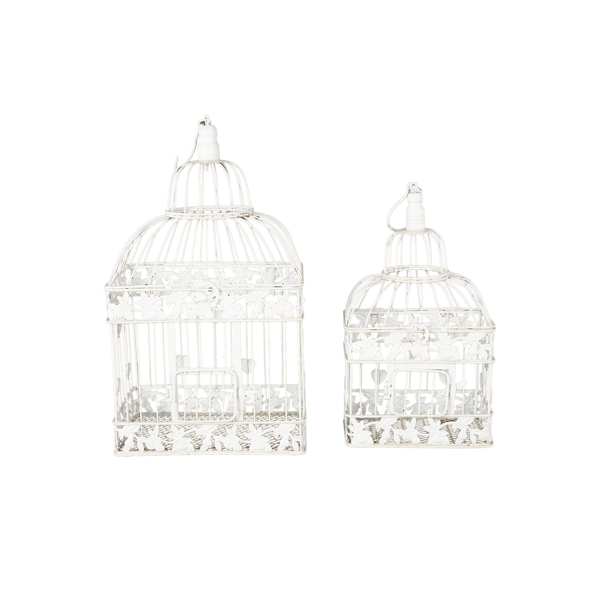 Set of 2 White Metal Indoor Outdoor Hinged Top Decorative Birdcage with Latch Lock Closure and Hanging Hook