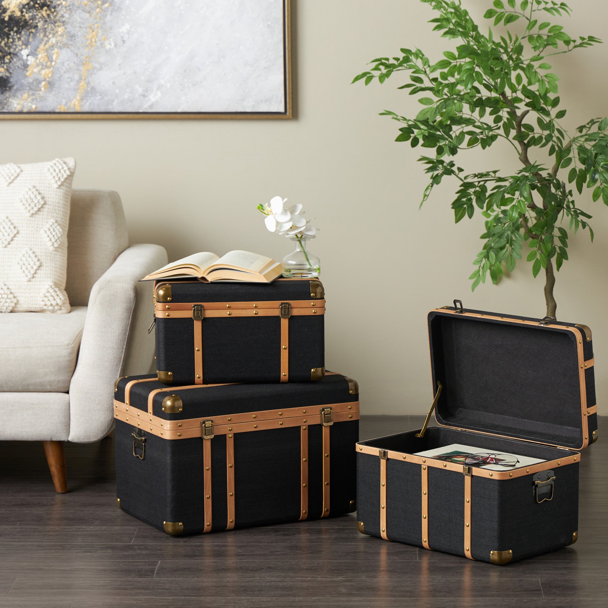 Set of 3 Black Fabric Decorative Trunk with Brass Metal Latches and Brown Wooden Accents