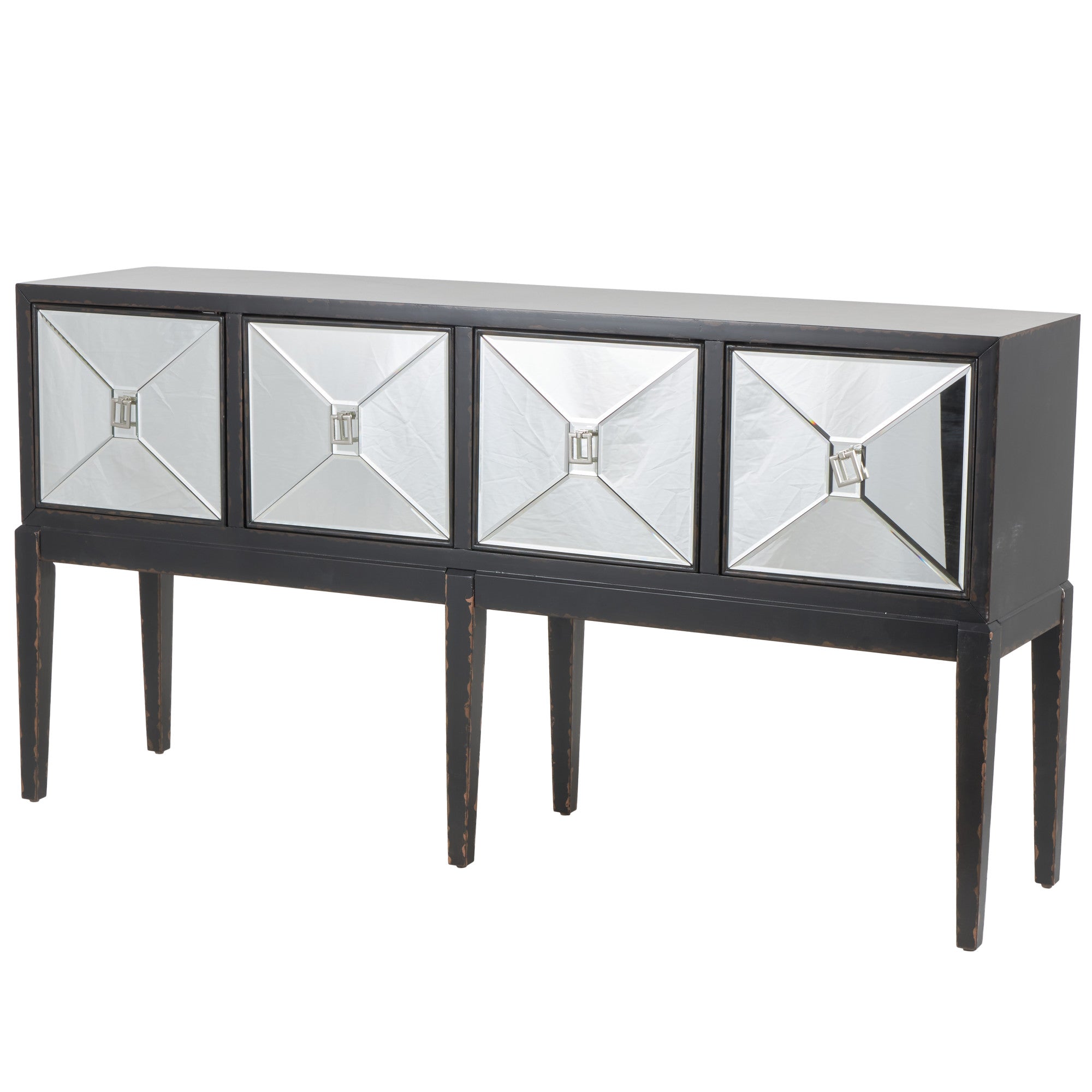 Geometric Black Wooden Distressed 4 Door Living Room Console Table with Square Mirrored Front Panels and Silver Rectangular Handles