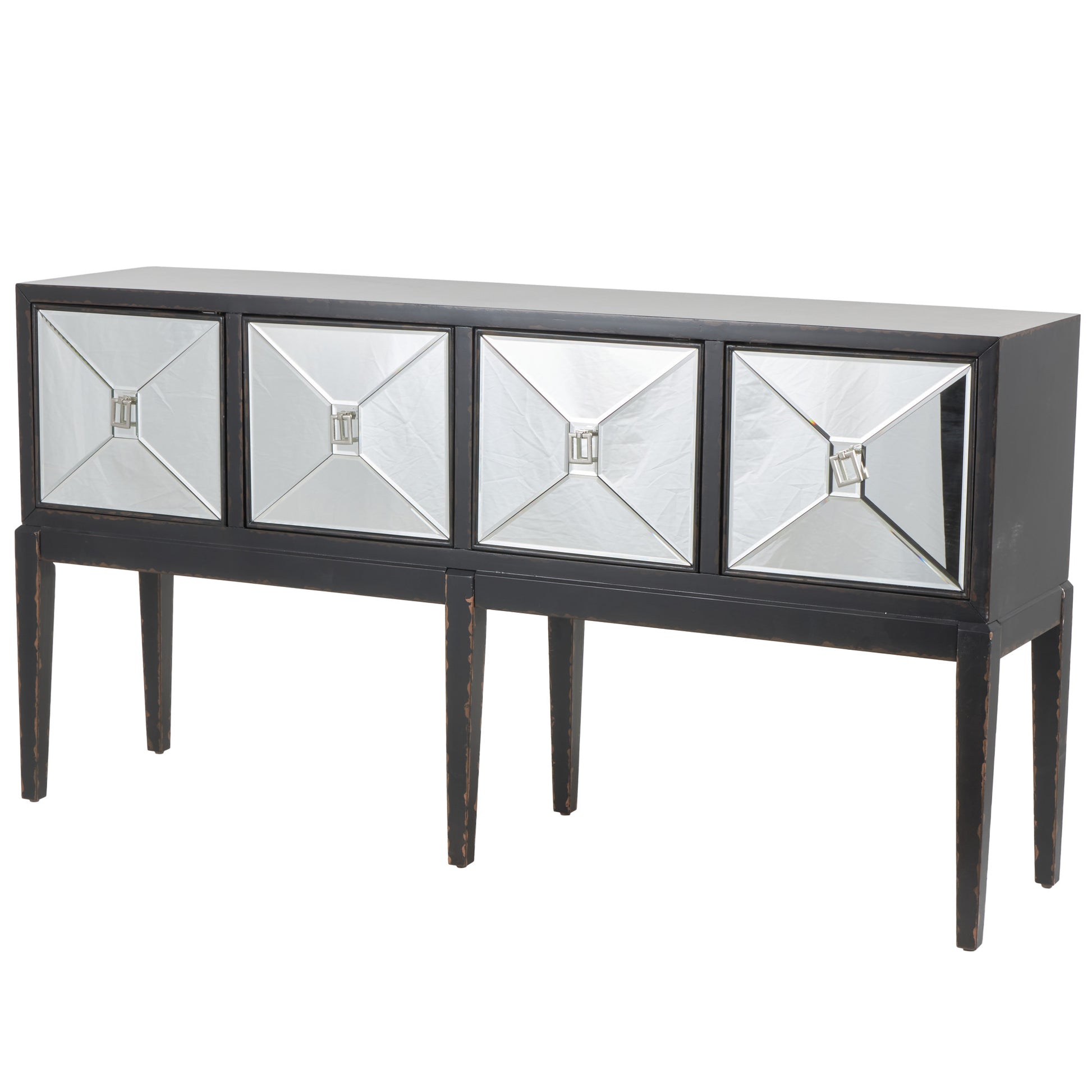 Geometric Black Wooden Distressed 4 Door Living Room Console Table with Square Mirrored Front Panels and Silver Rectangular Handles