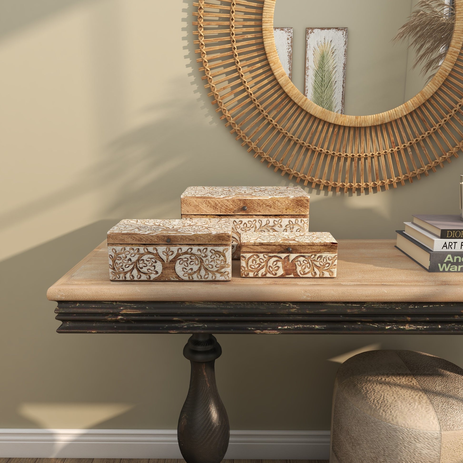 Set of 3 Tree Brown Mango Wood Carved Decorative Box with White Backing