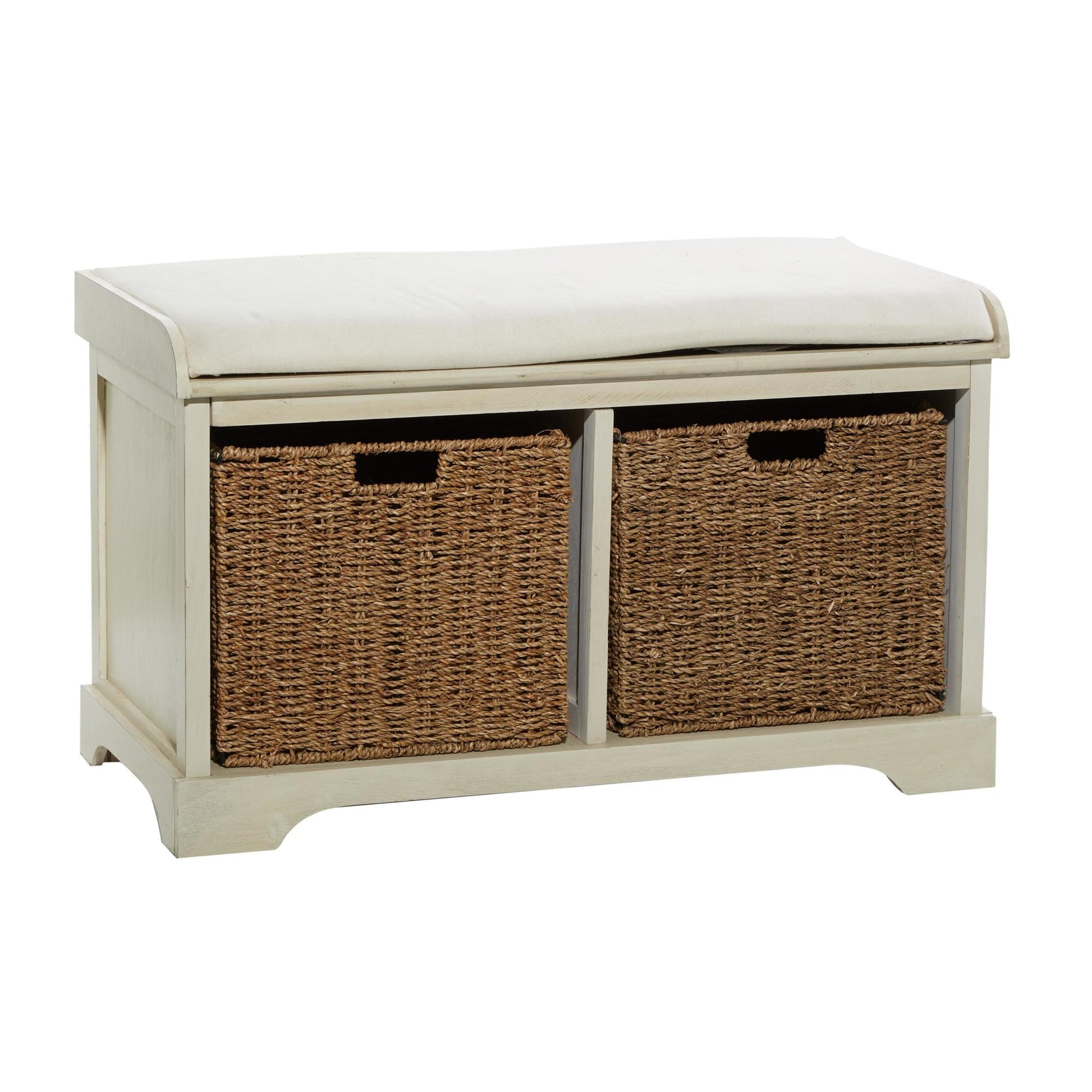 White Wood Room Storage Bench with Brown Seagrass Baskets and Cushioned Seat