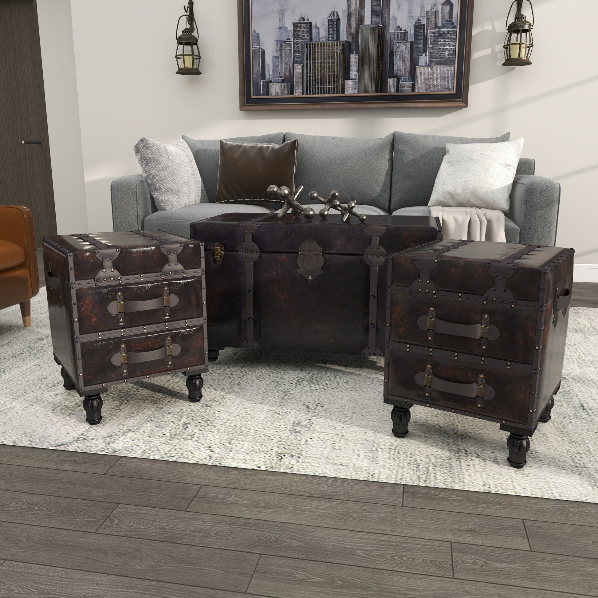 Set of 3 Brown Faux Leather Vintage 4 Drawer Room Storage Bench with Strap Handles and Turned Legs