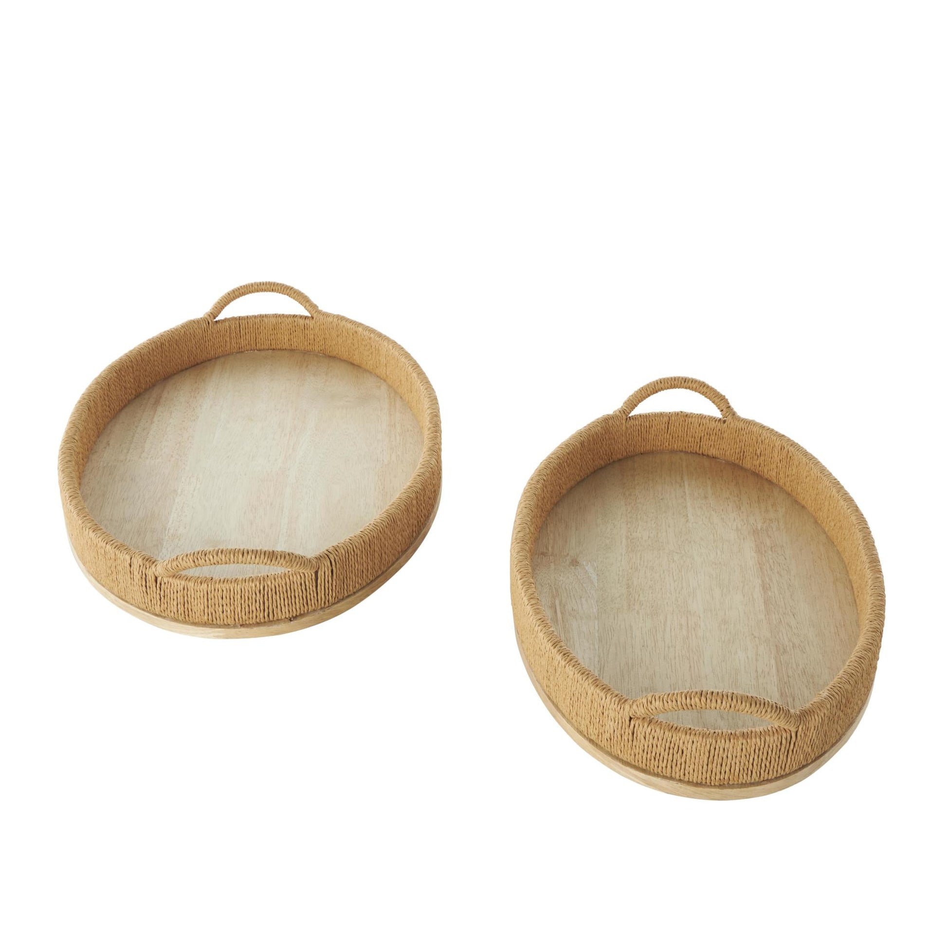 Set of 2 Brown Wood Handmade Living Room Decor Tray with Wood Base
