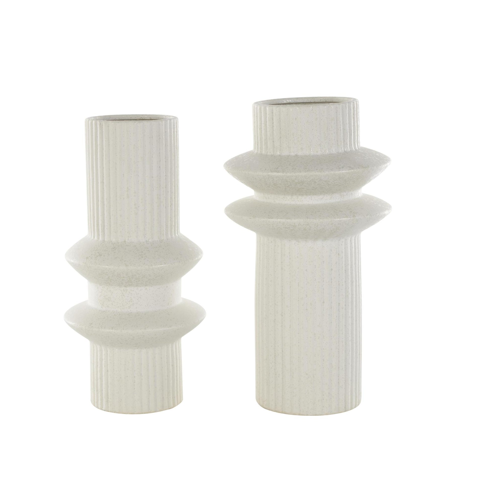 Set of 2 Abstract White Ceramic Ribbed Decorative Vase with Speckled Texturing