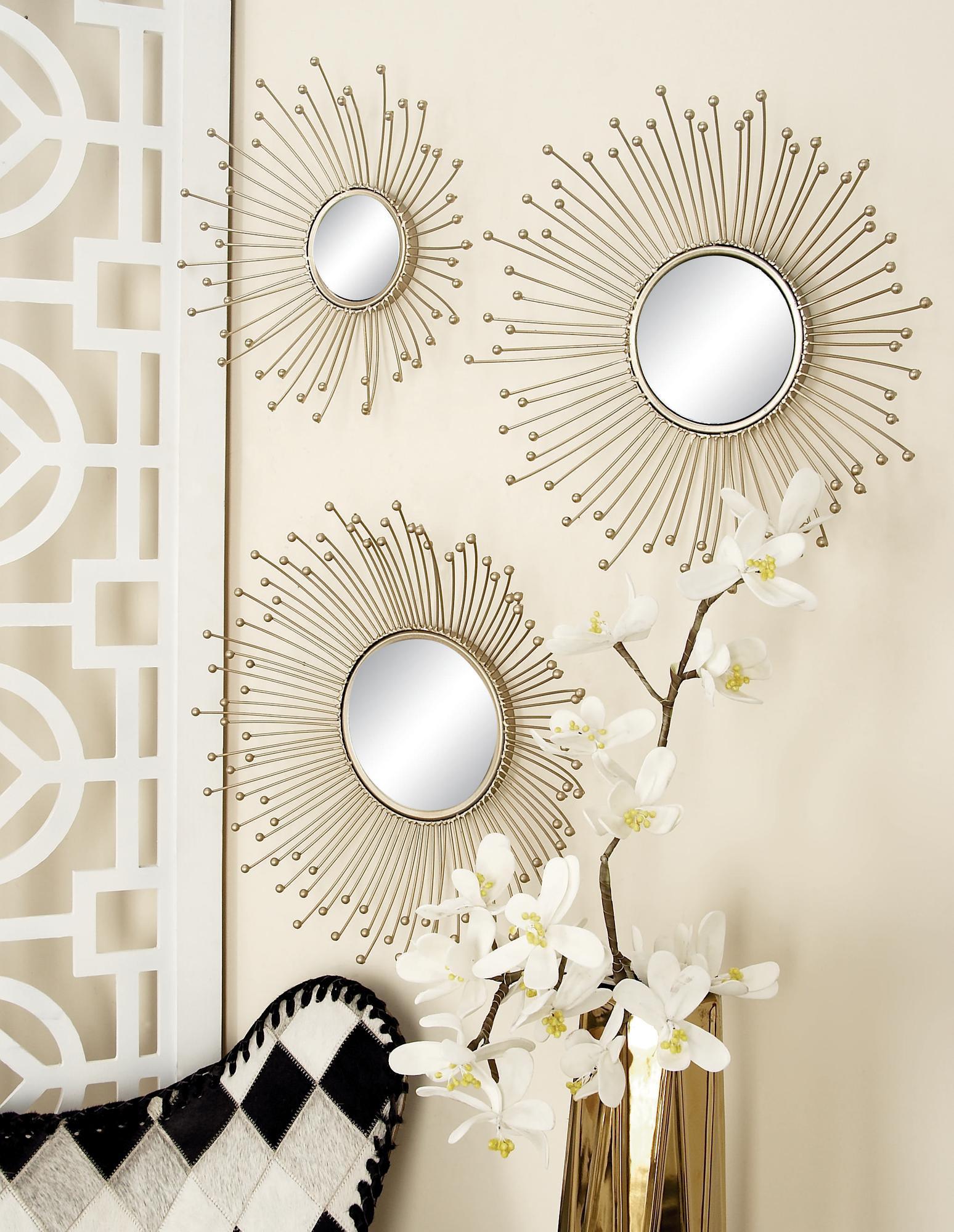 Set of 3 Starburst Gold Metal Room Wall Mirror