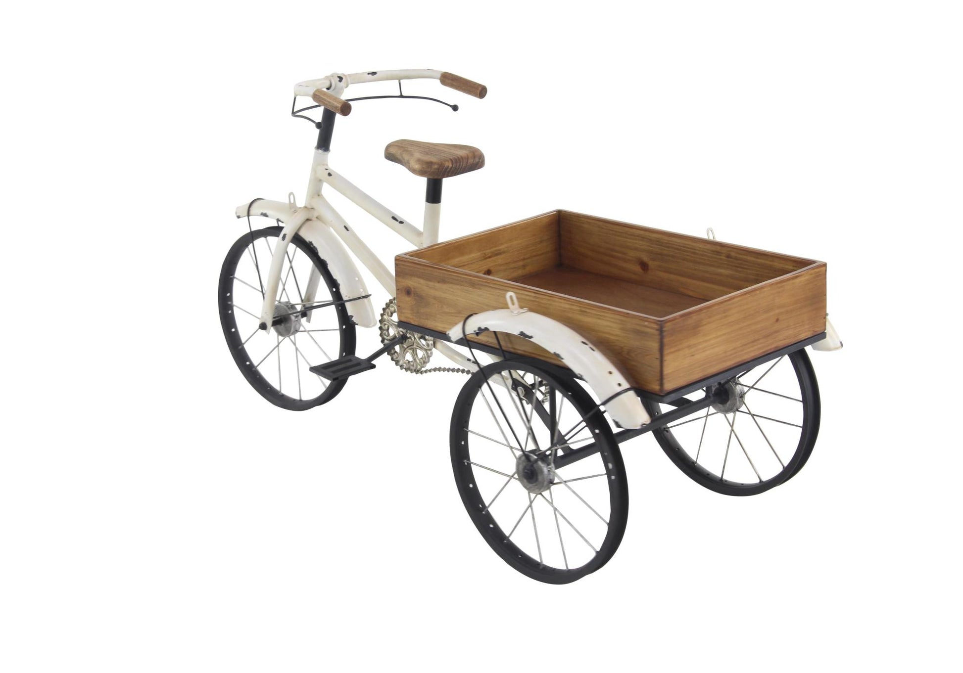 Bike White Metal Vintage Indoor Outdoor Plantstand with Brown Wood Accents