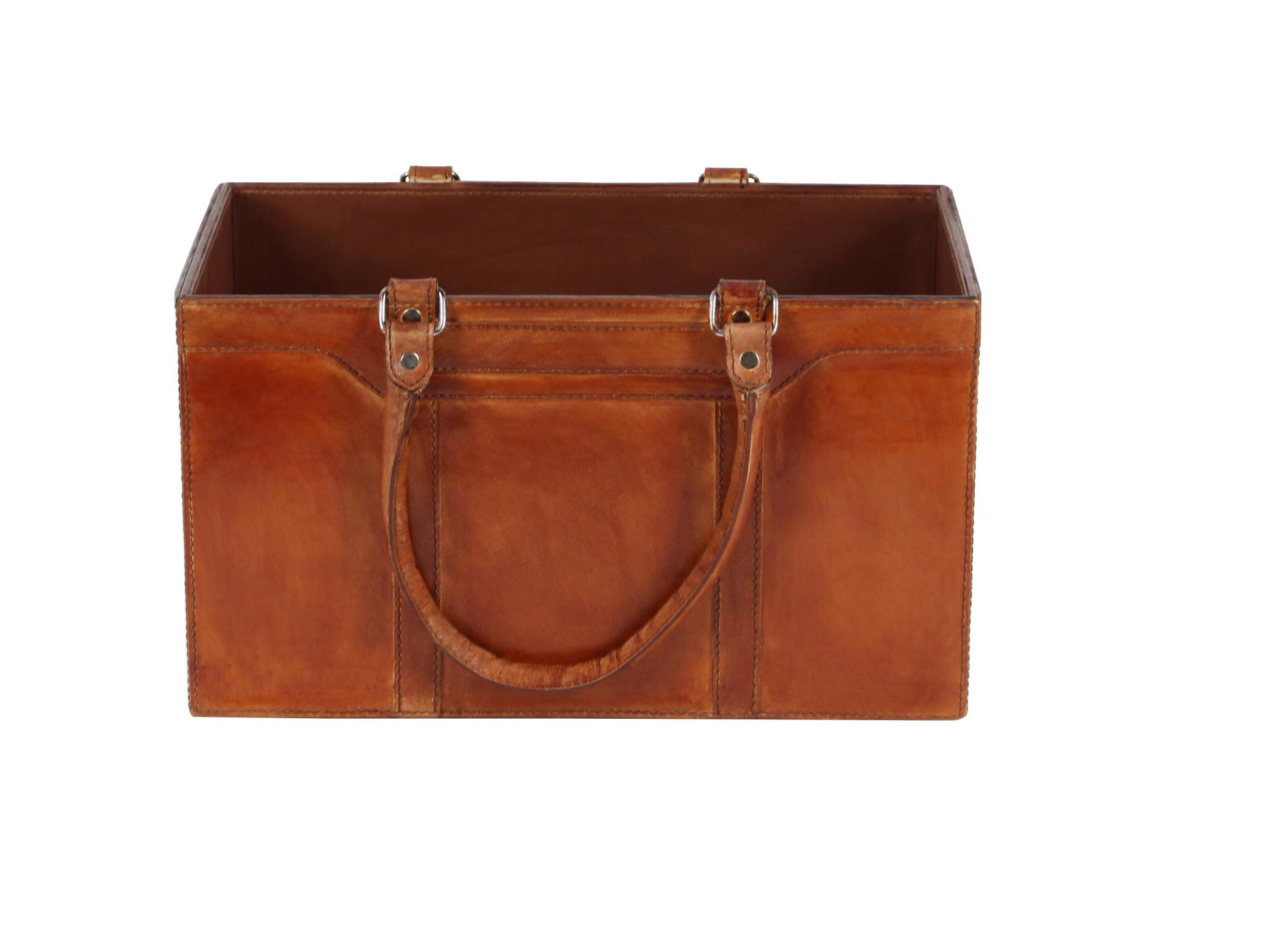 Brown Leather Handmade Box Style Decorative Magazine Holder with Detail Stitching and Curved Handles
