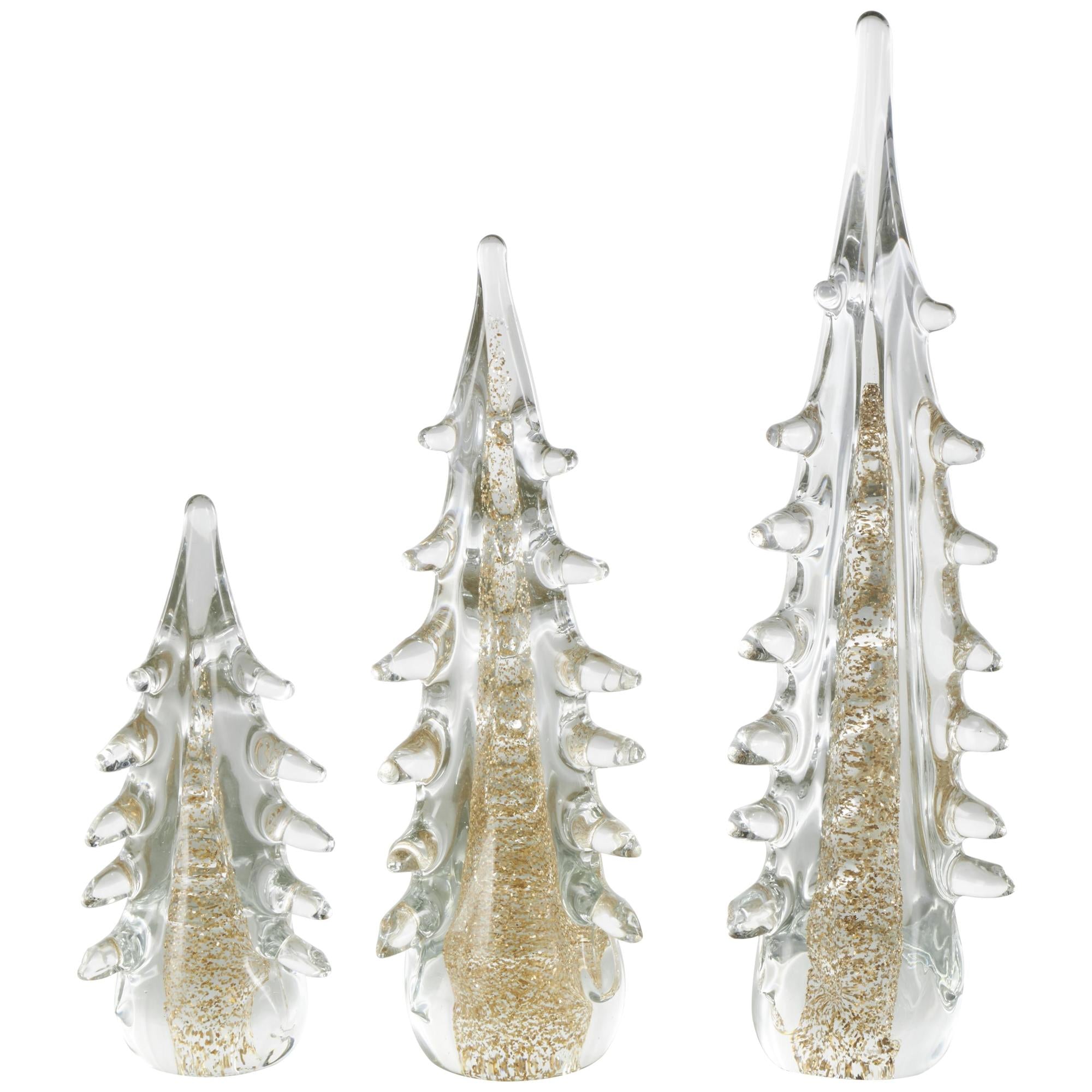 Set of 3 Tree Gold Glass Dimensional Decorative Sculpture with Gold Flake Accents