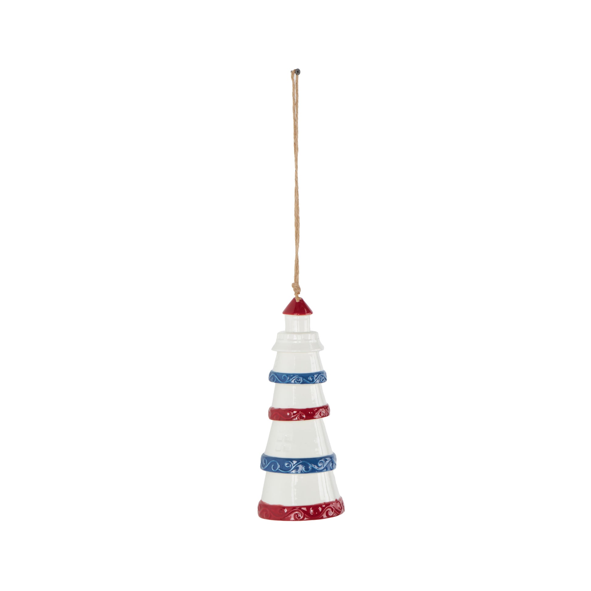 Light House White Ceramic Indoor Outdoor Windchime with Brown Rope and Blue and Red Accents