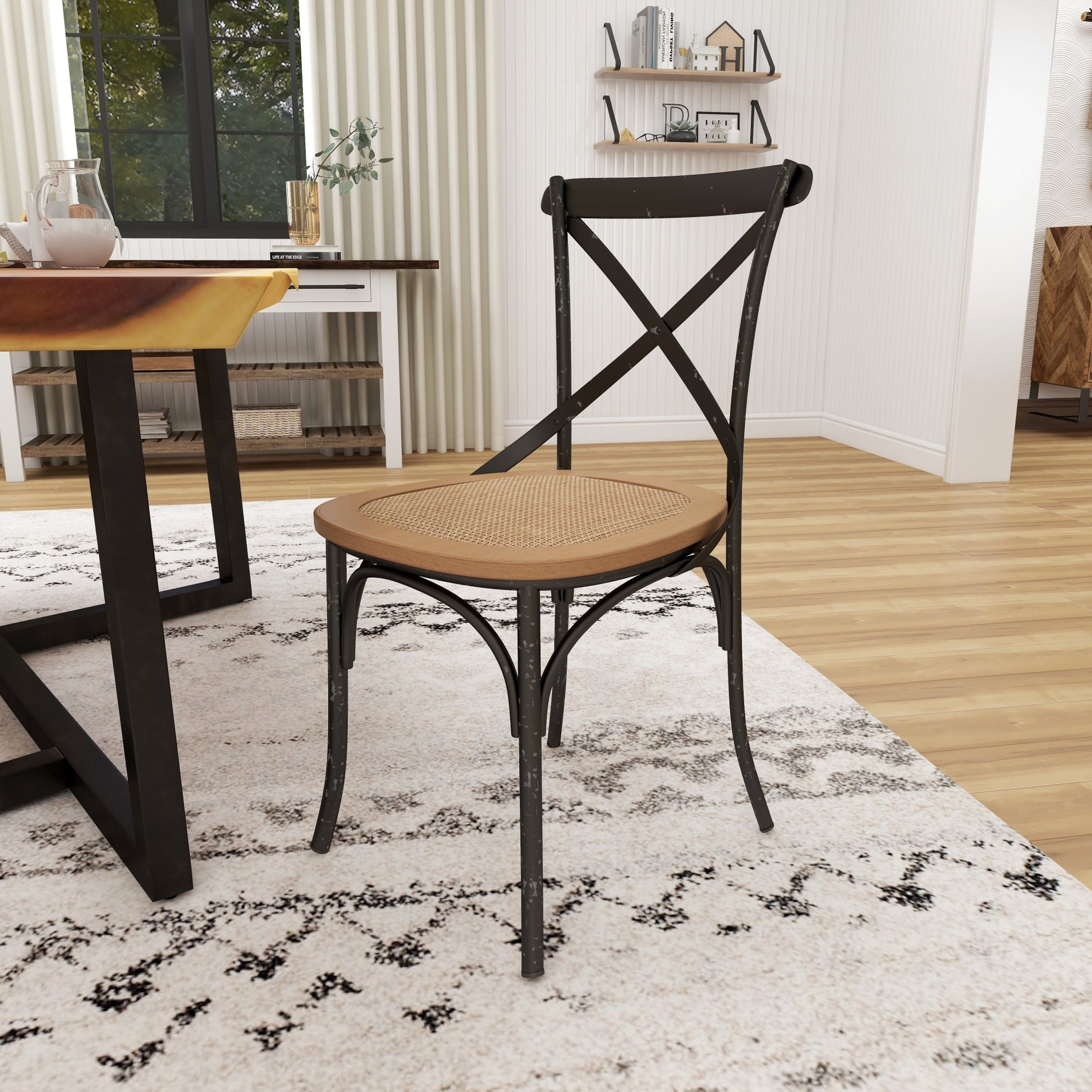 Metal Kitchen Dining Chair with Brown Rattan Seat