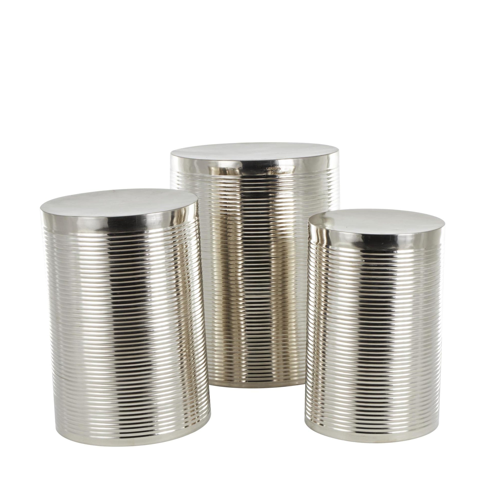 Set of 3 Metal Ribbed Drum Side End Accent Table Set of 3 24", 22", 20"H