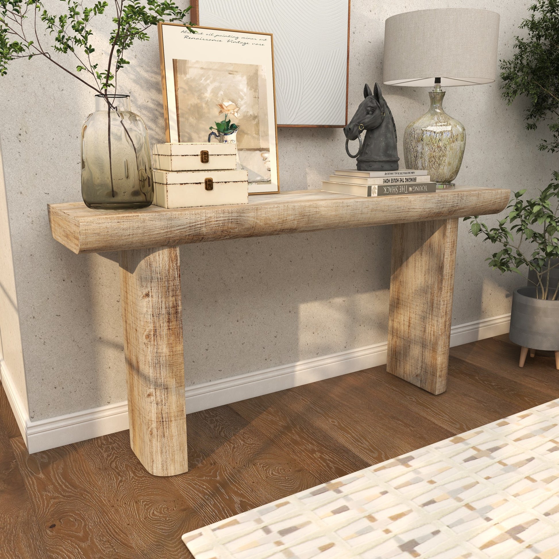 Beige Wood Living Room Console Table with Block Legs