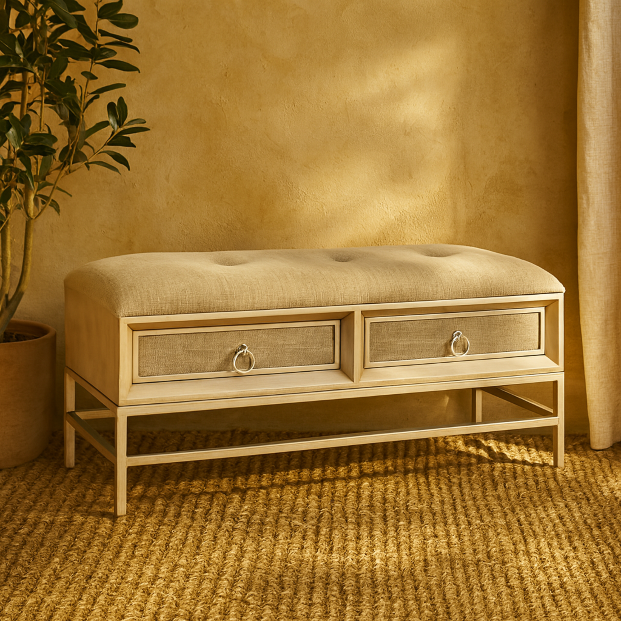 Beige Linen Fabric Upholstered 2 Drawer Room Storage Bench with Tufted Seat and Ring Handles