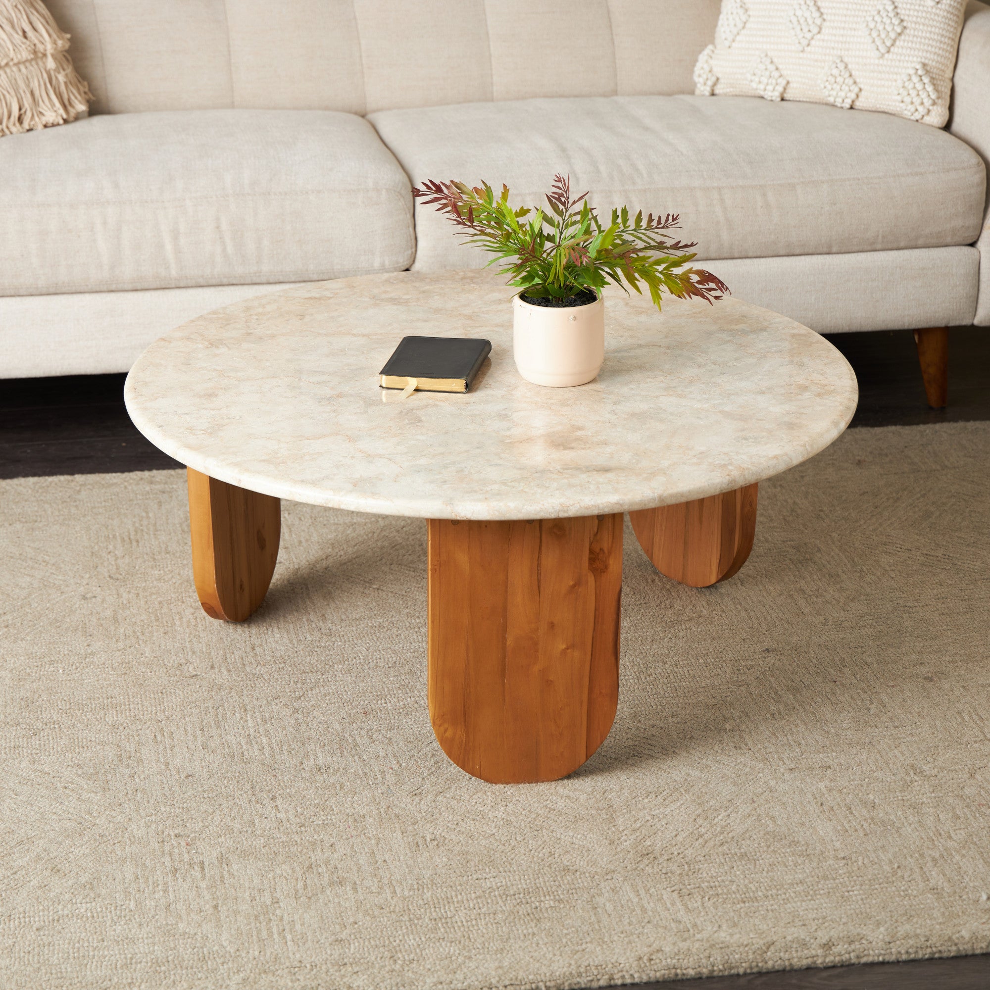 Brown Teak Wood Handmade Living Room Coffee Table with Beige Marble Tabletop