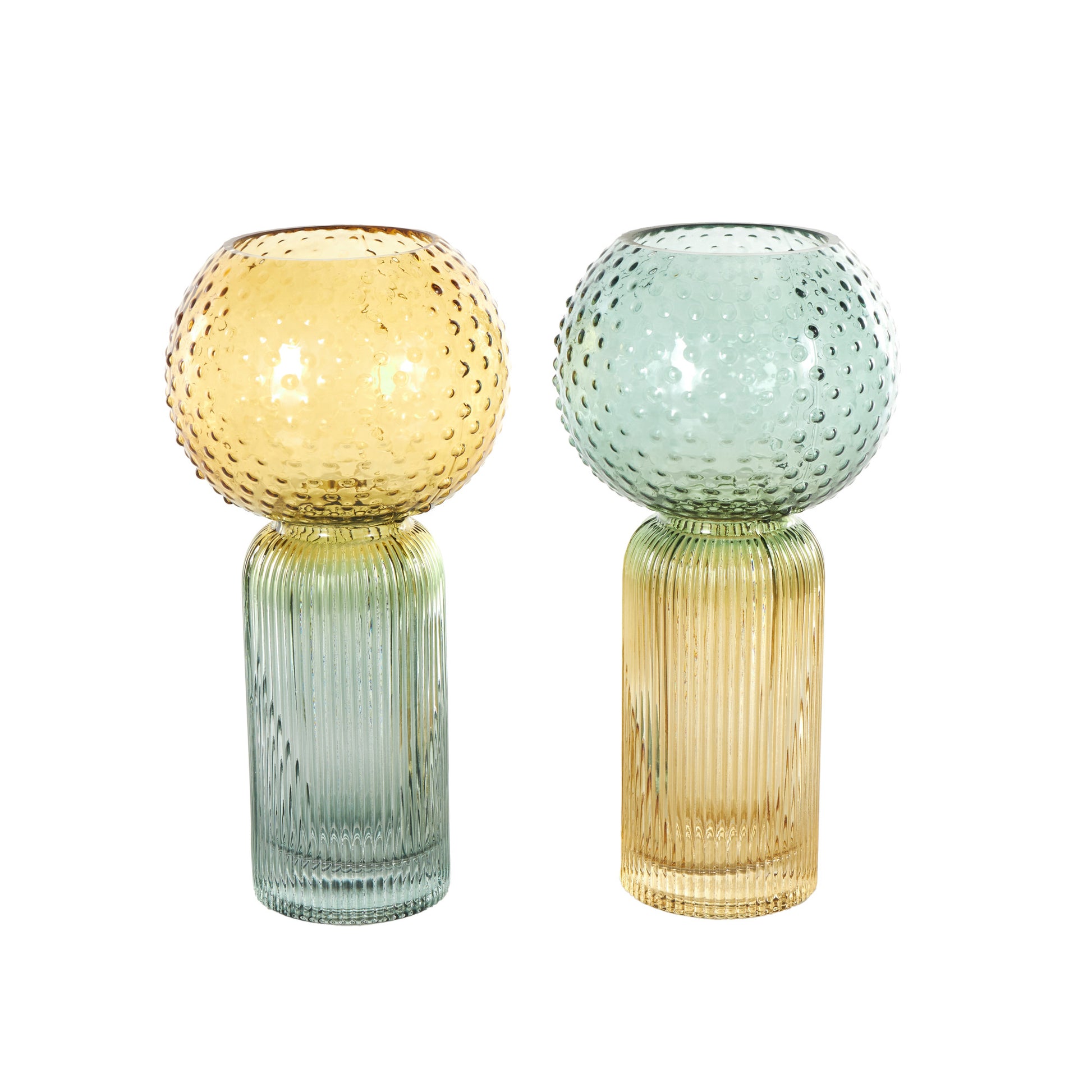 Set of 2 Geometric Multi Colored Glass Ribbed Ombre Decorative Vase