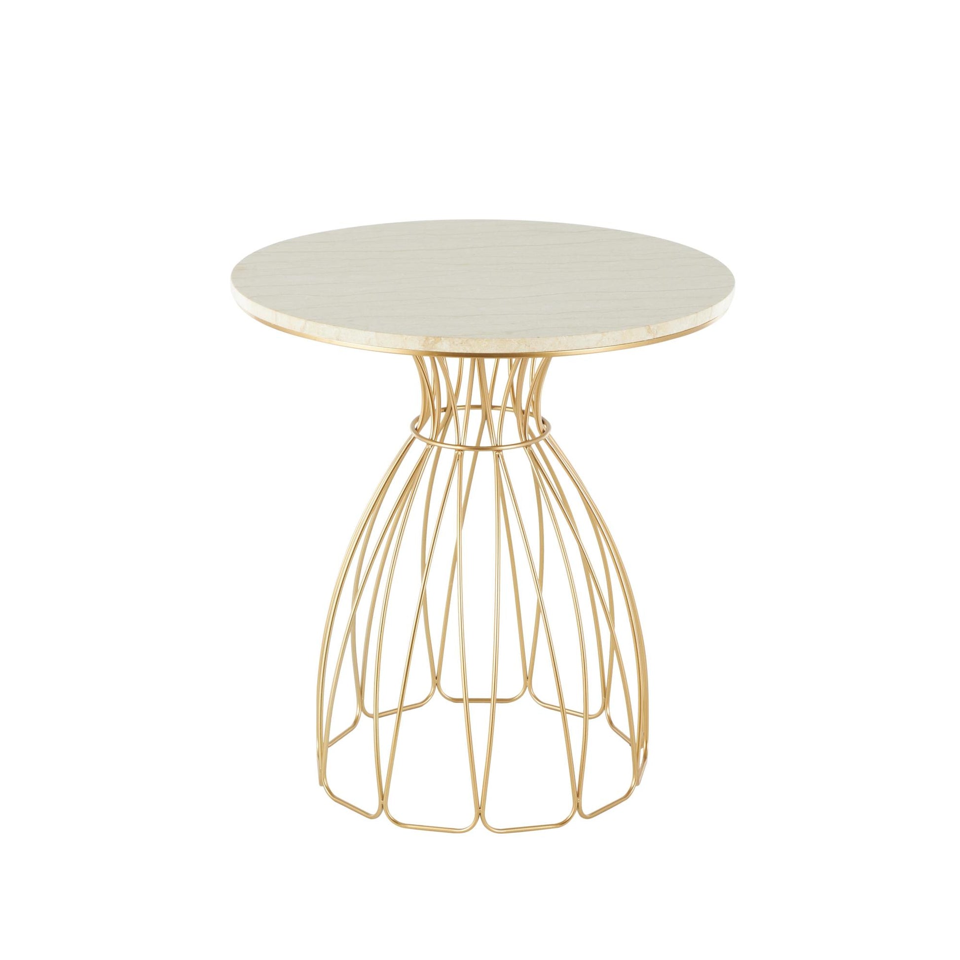 Gold Metal Flower Inspired Side End Accent Table with Cream Marble Tabletop