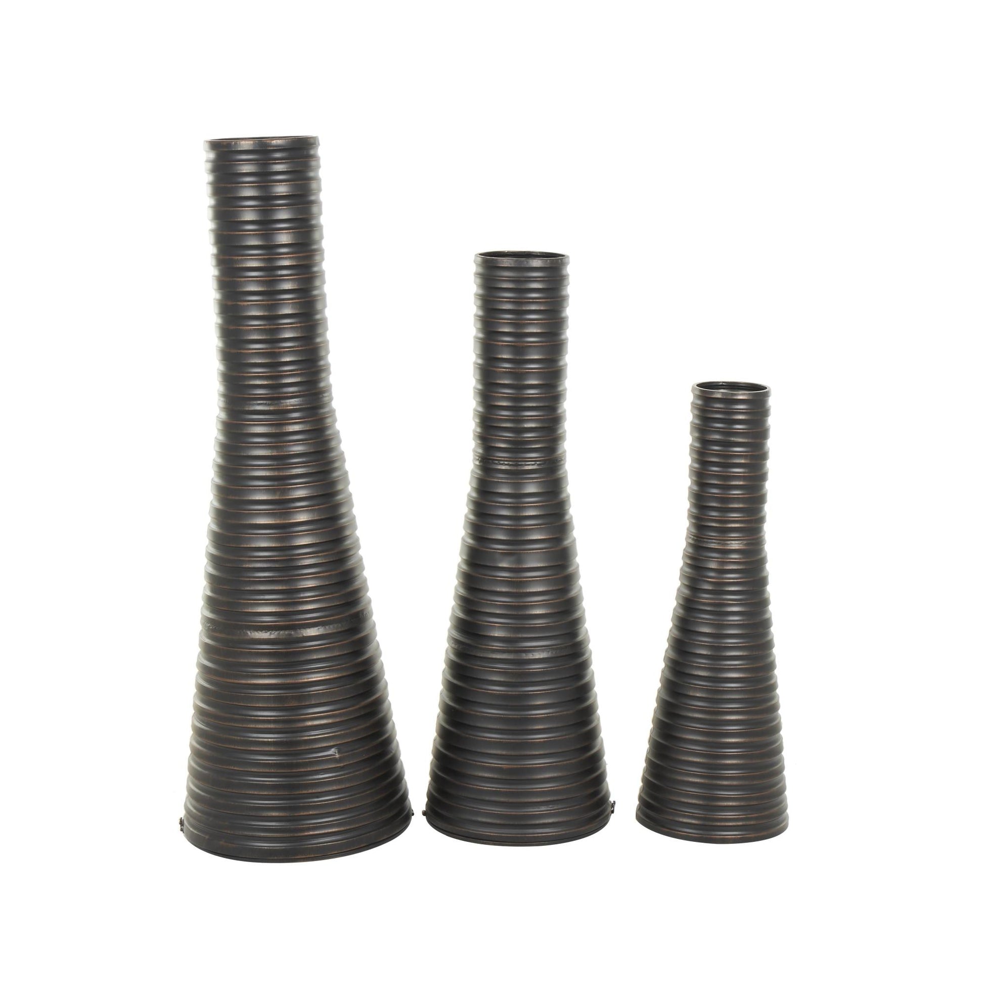 Set of 3 Bronze Metal Ribbed Tall Cone Floor Decorative Vase with Horizontal Grooves