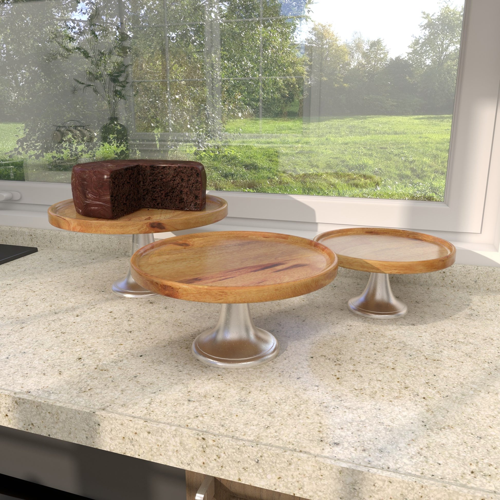 Set of 3 Mango Wood Decorative Cake Stand with Silver Aluminum Cone Base