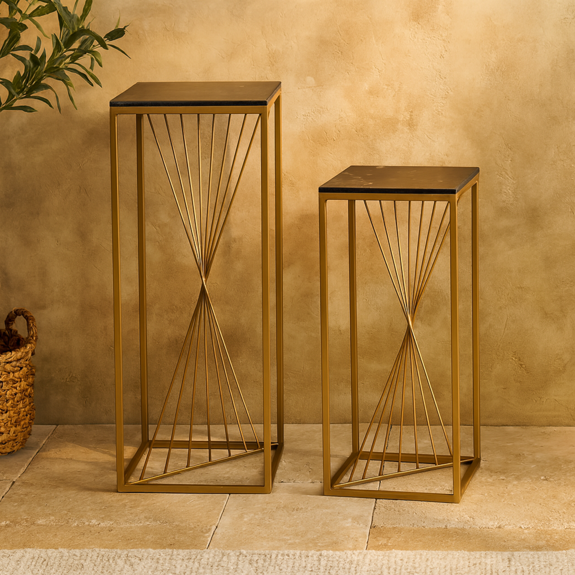 Set of 2 Geometric Gold Metal Side End Pedestal Table with Black Marble Top
