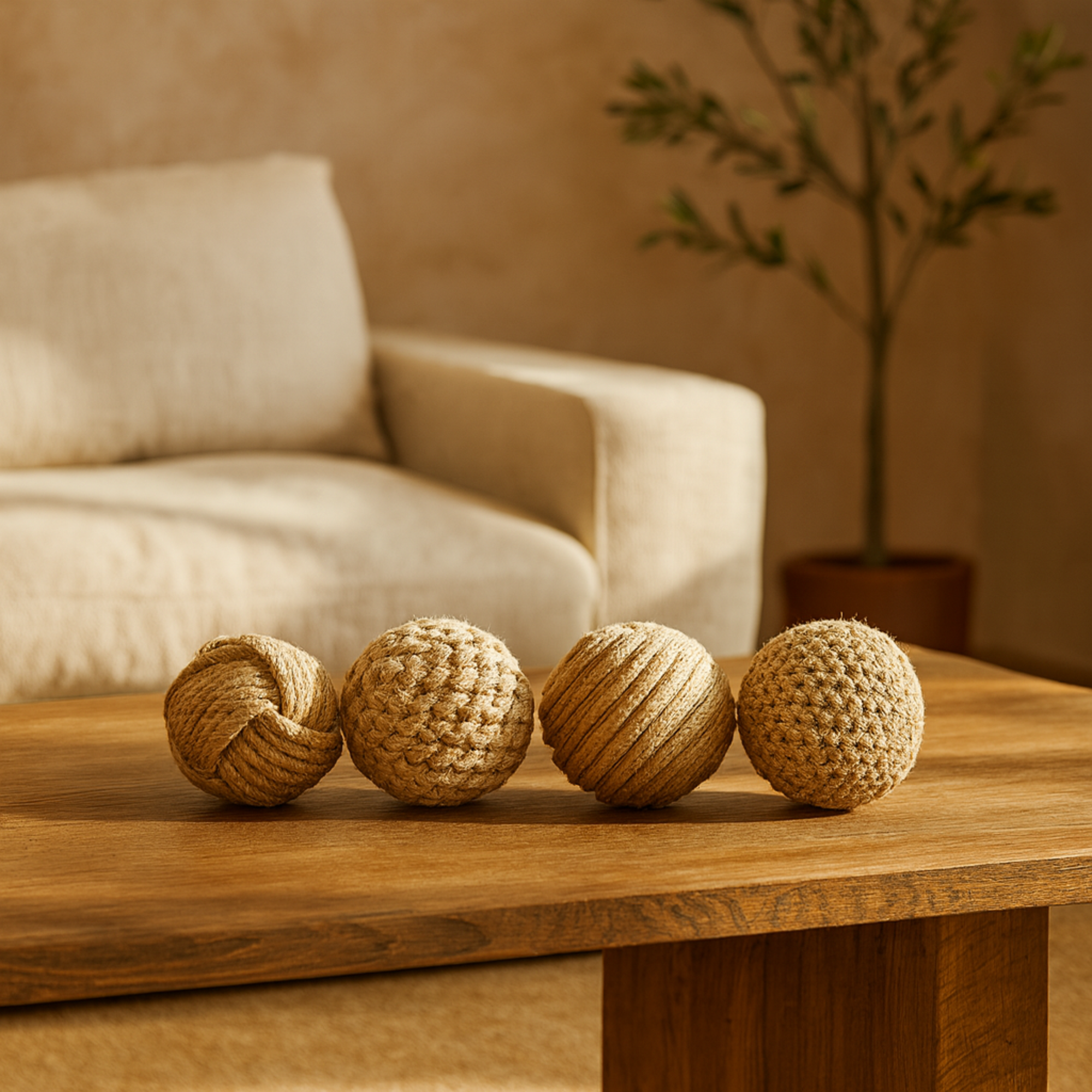 Set of 4 Jute Rope Handmade Decorative Orbs & Vase Filler with Varying Designs Set of 4 4"W, 4"H