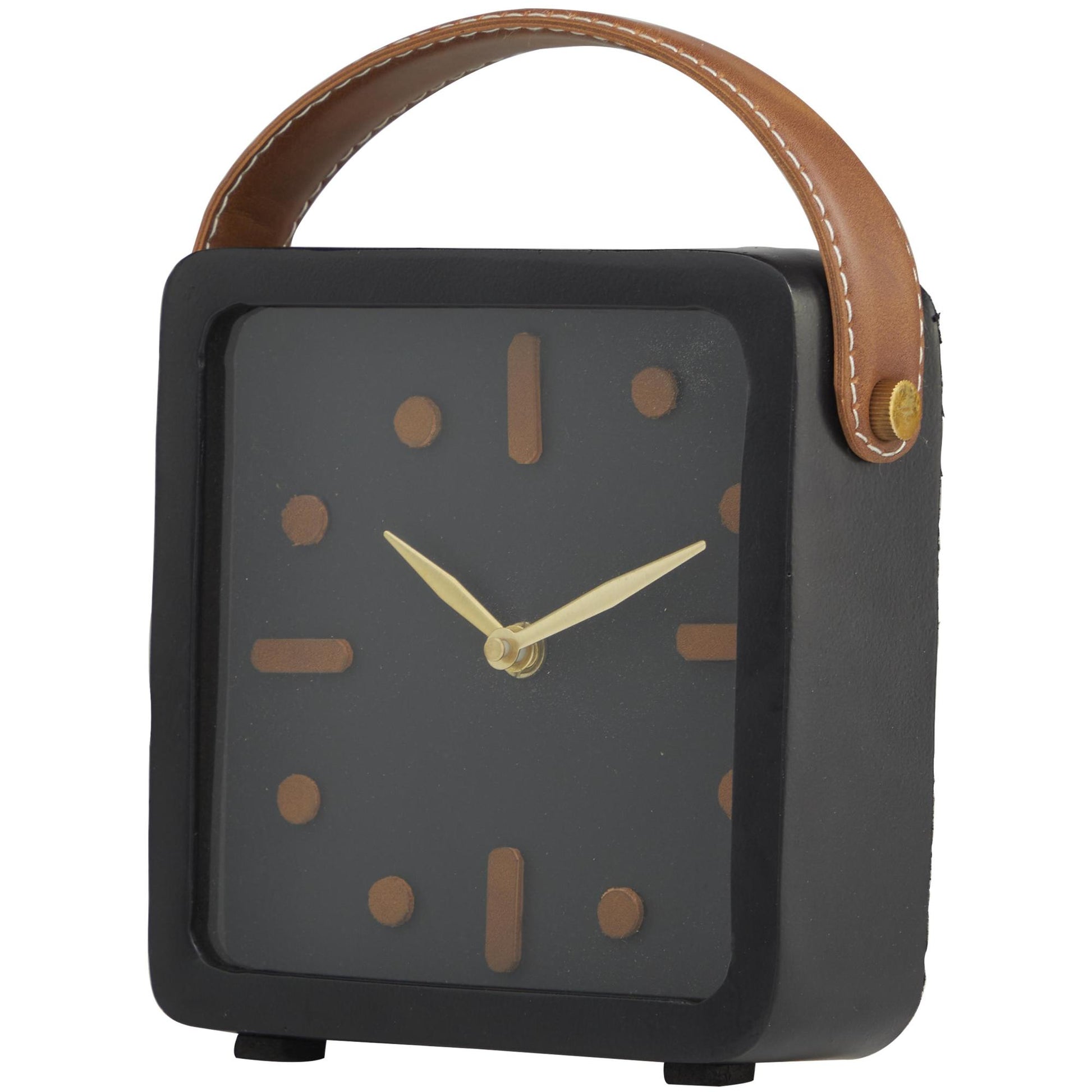 Black Metal Small Decorative Clock with Leather Handle and Hour Markers