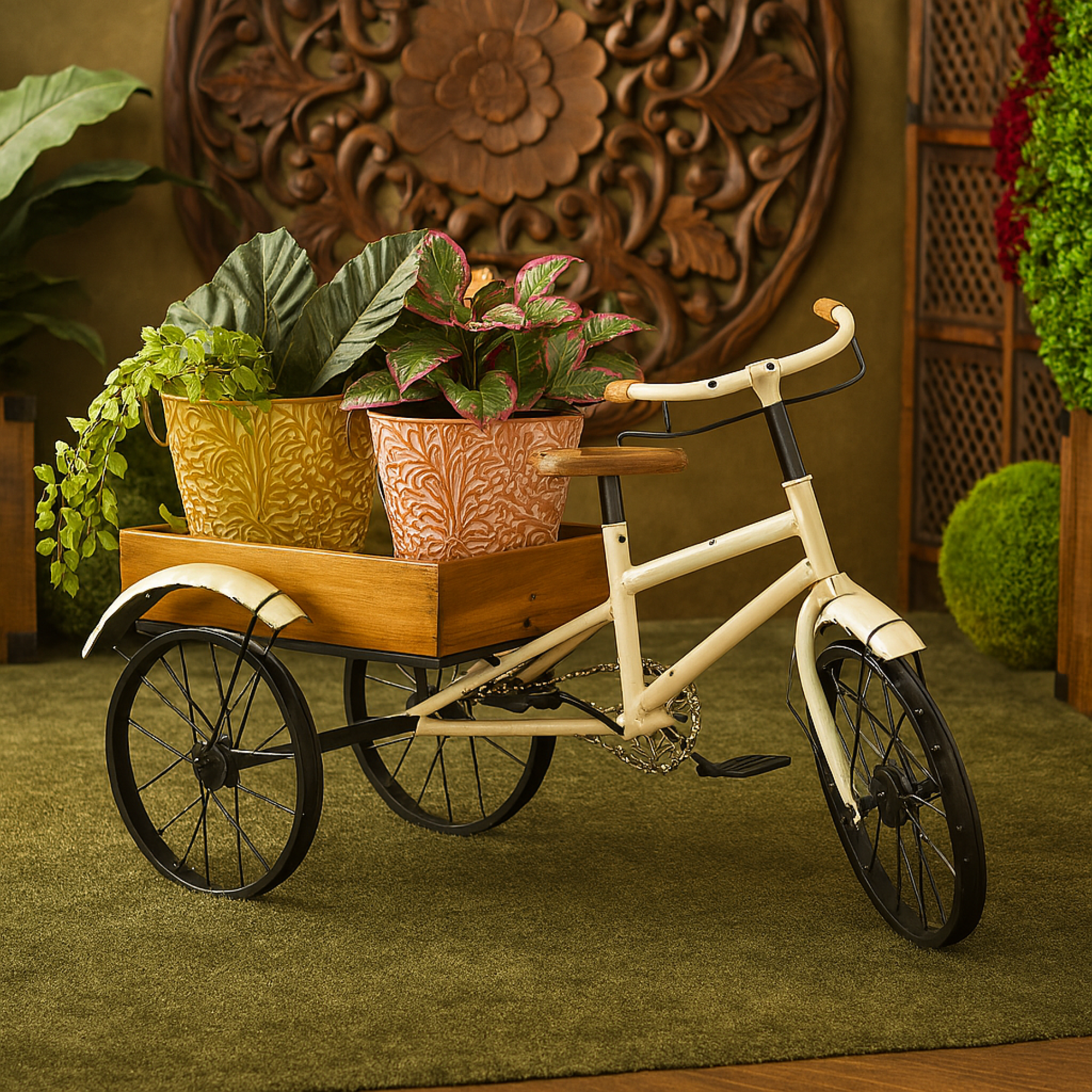 Bike White Metal Vintage Indoor Outdoor Plantstand with Brown Wood Accents