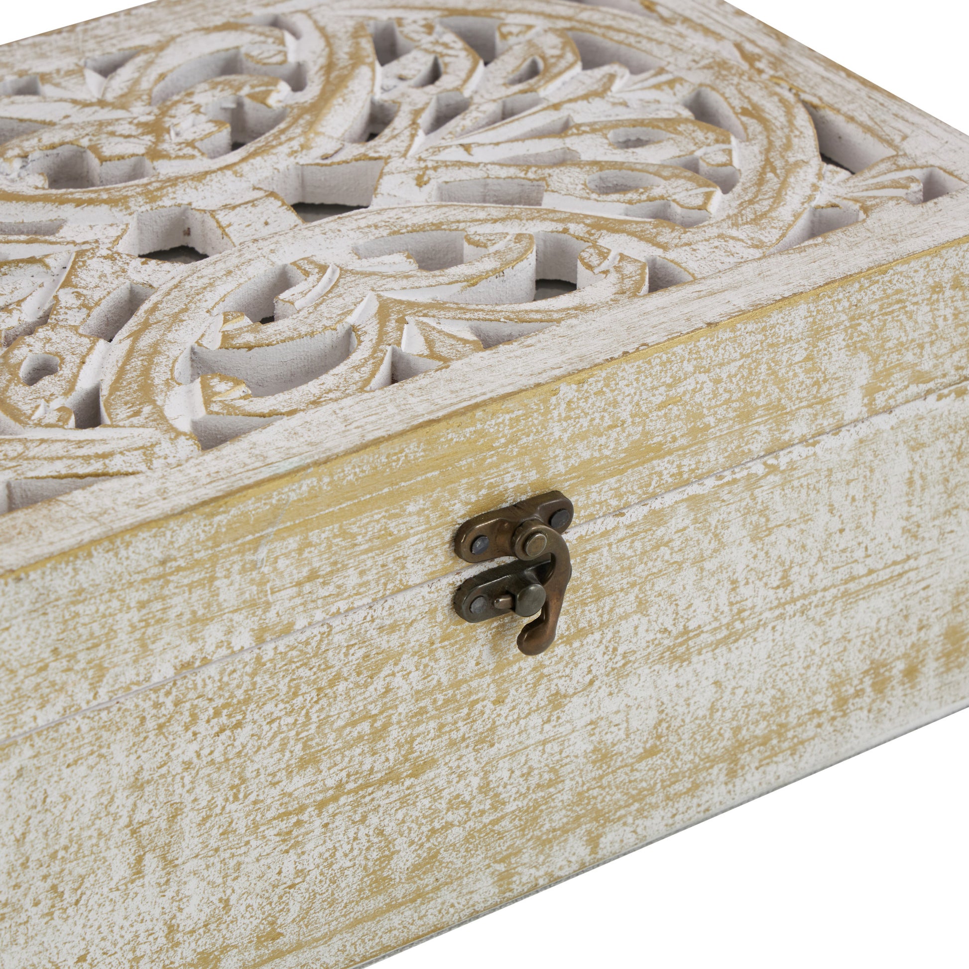 Set of 3 Floral White Mango Wood Handmade Decorative Box with Hinged Lid