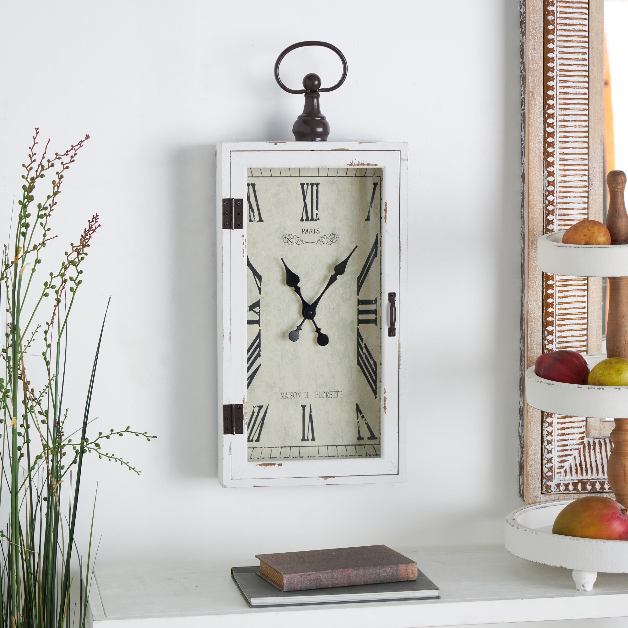 White Wooden Vintage Pocket Watch Style Decorative Wall Clock with Hinged Door