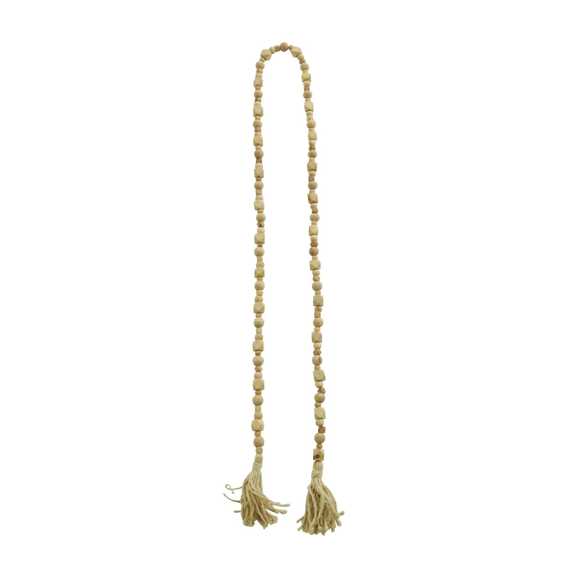 Mango Wood Handmade Hexagon Carved Geometric Long Beaded Garland with Tassel