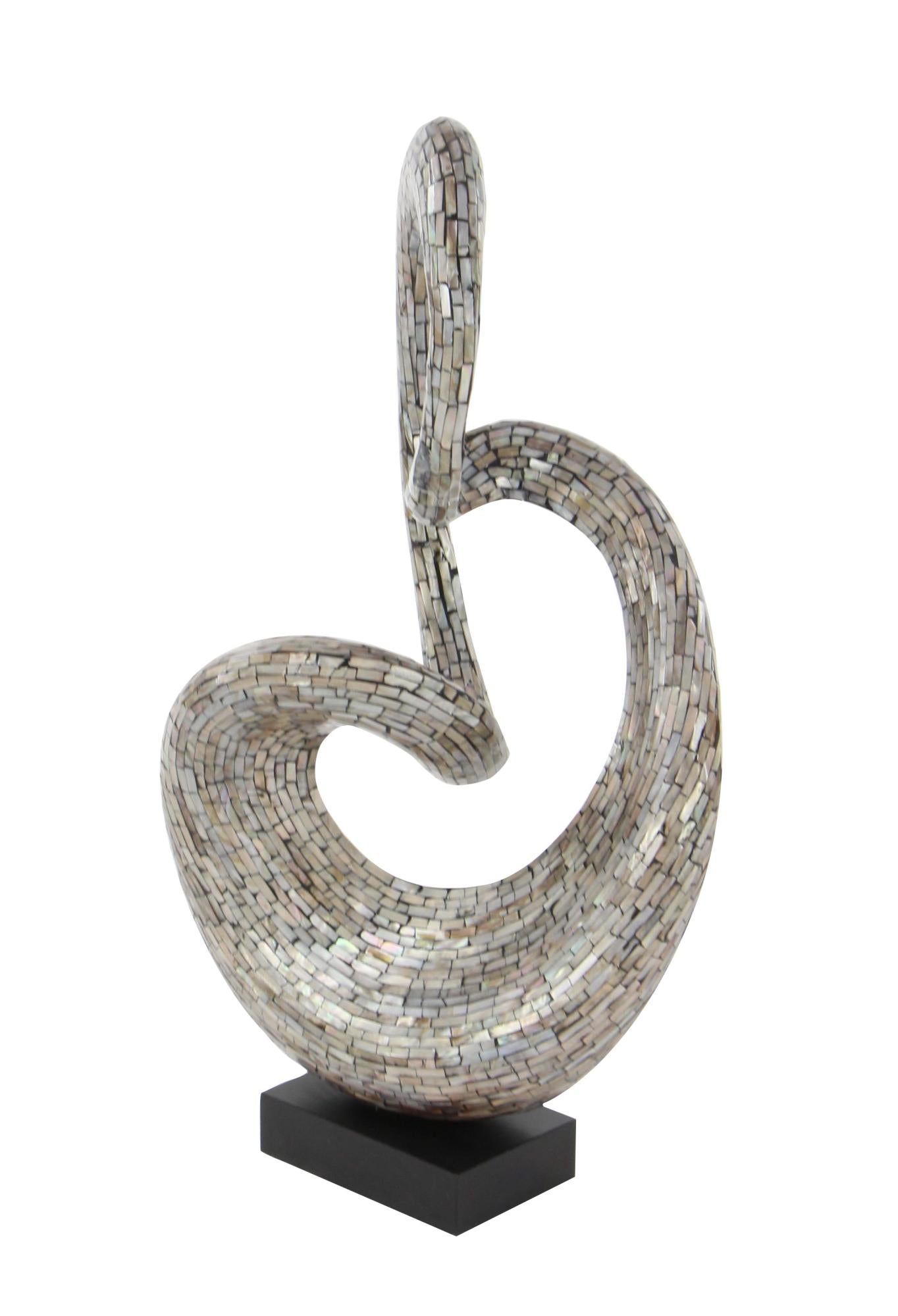 Abstract Gray Mother of Pearl Shell Swirl Decorative Sculpture with Black Base