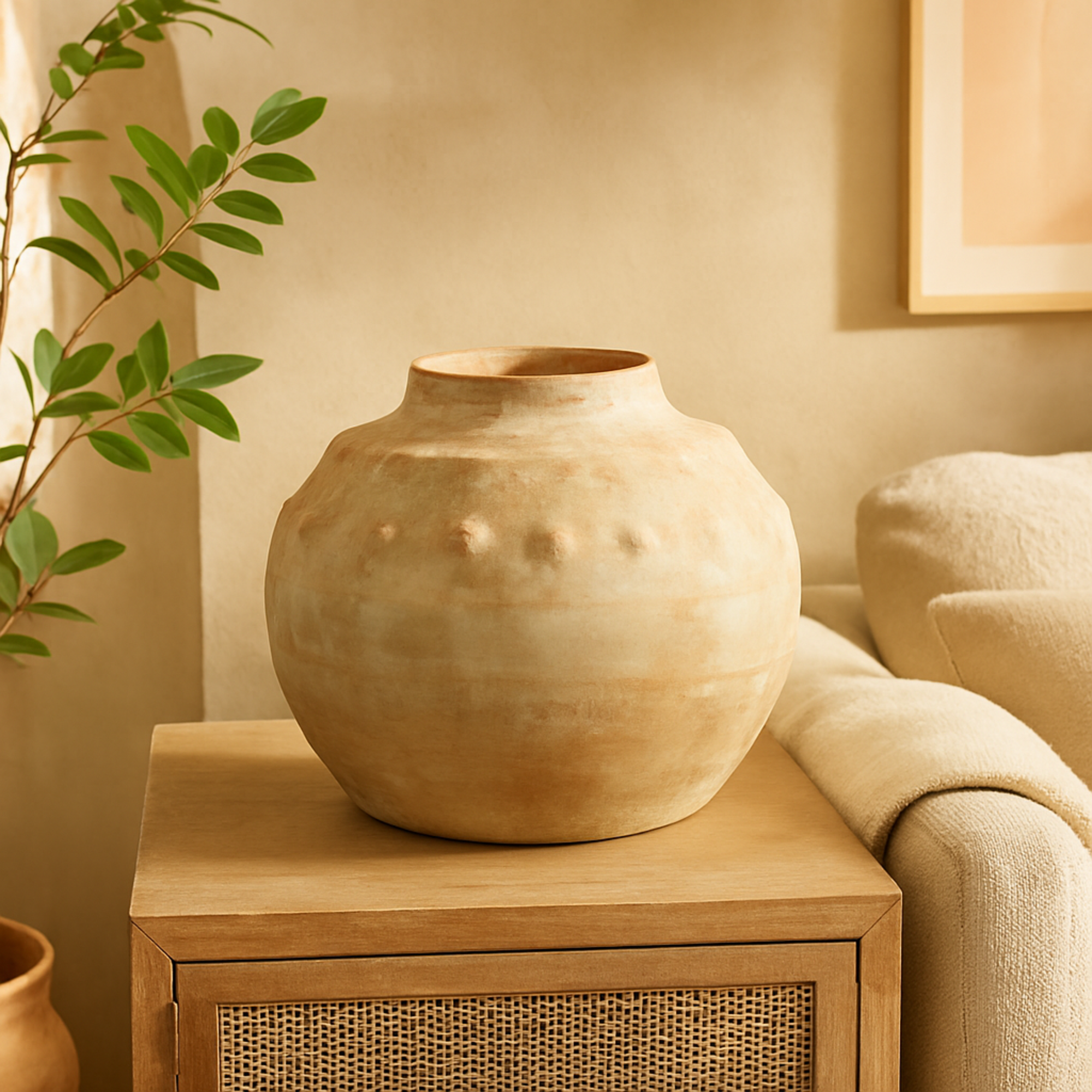 Beige Ceramic Antique Short Wide Decorative Vase with Shades of Pink