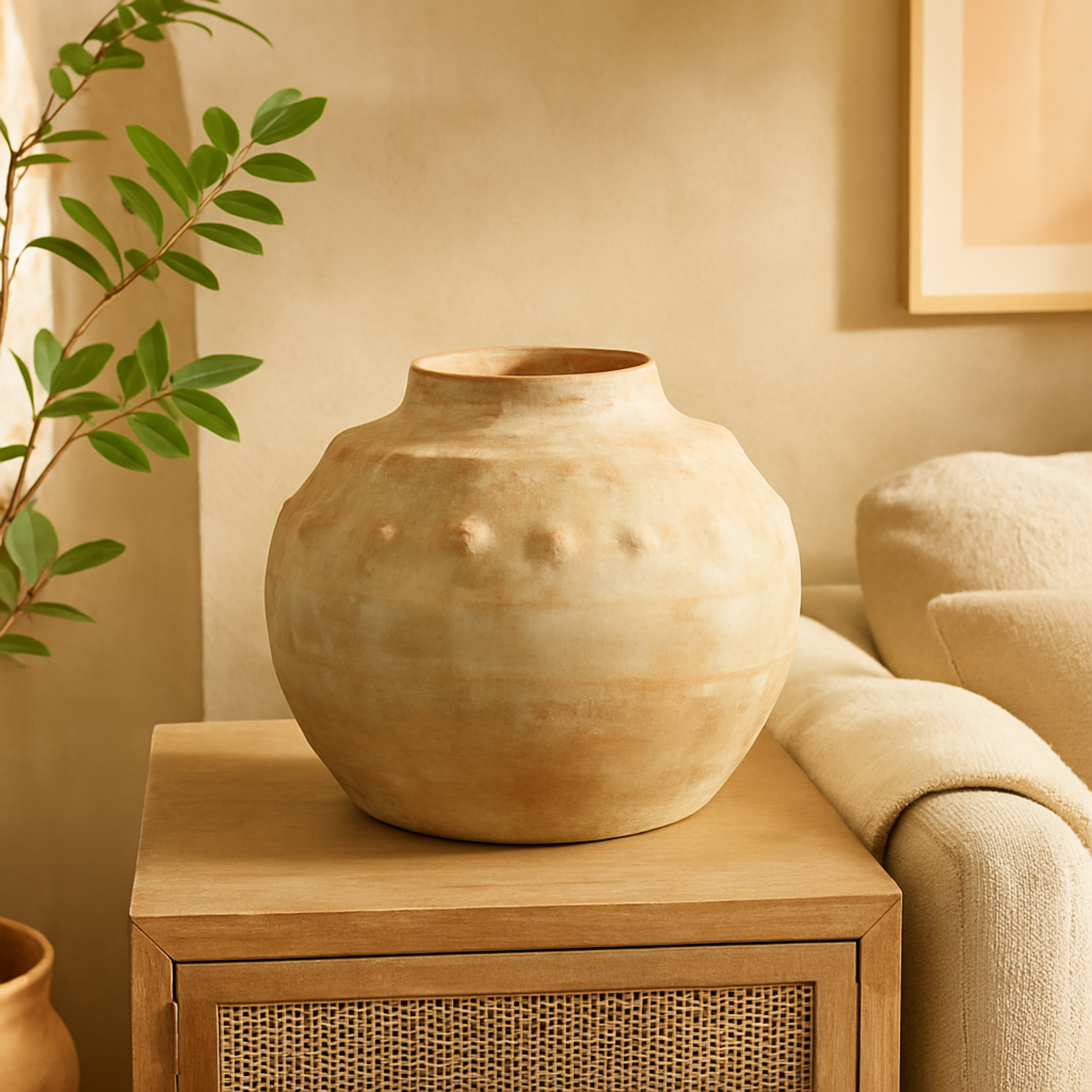 Beige Ceramic Antique Short Wide Decorative Vase with Shades of Pink