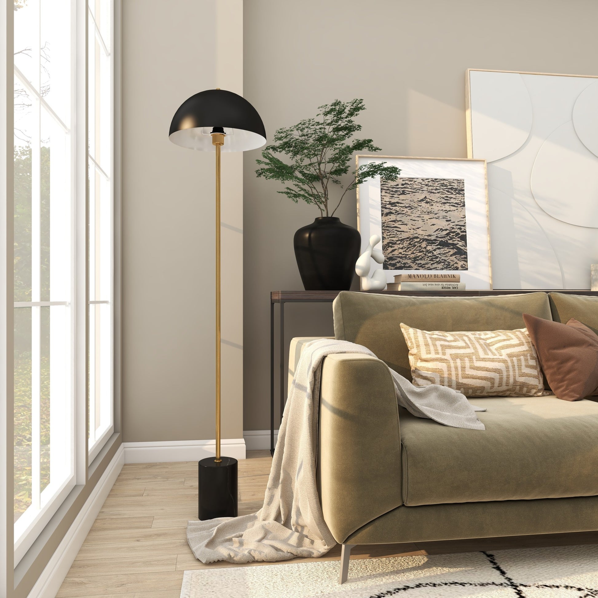 Metal Umbrella Style Room Floor Lamp with Black Marble Base