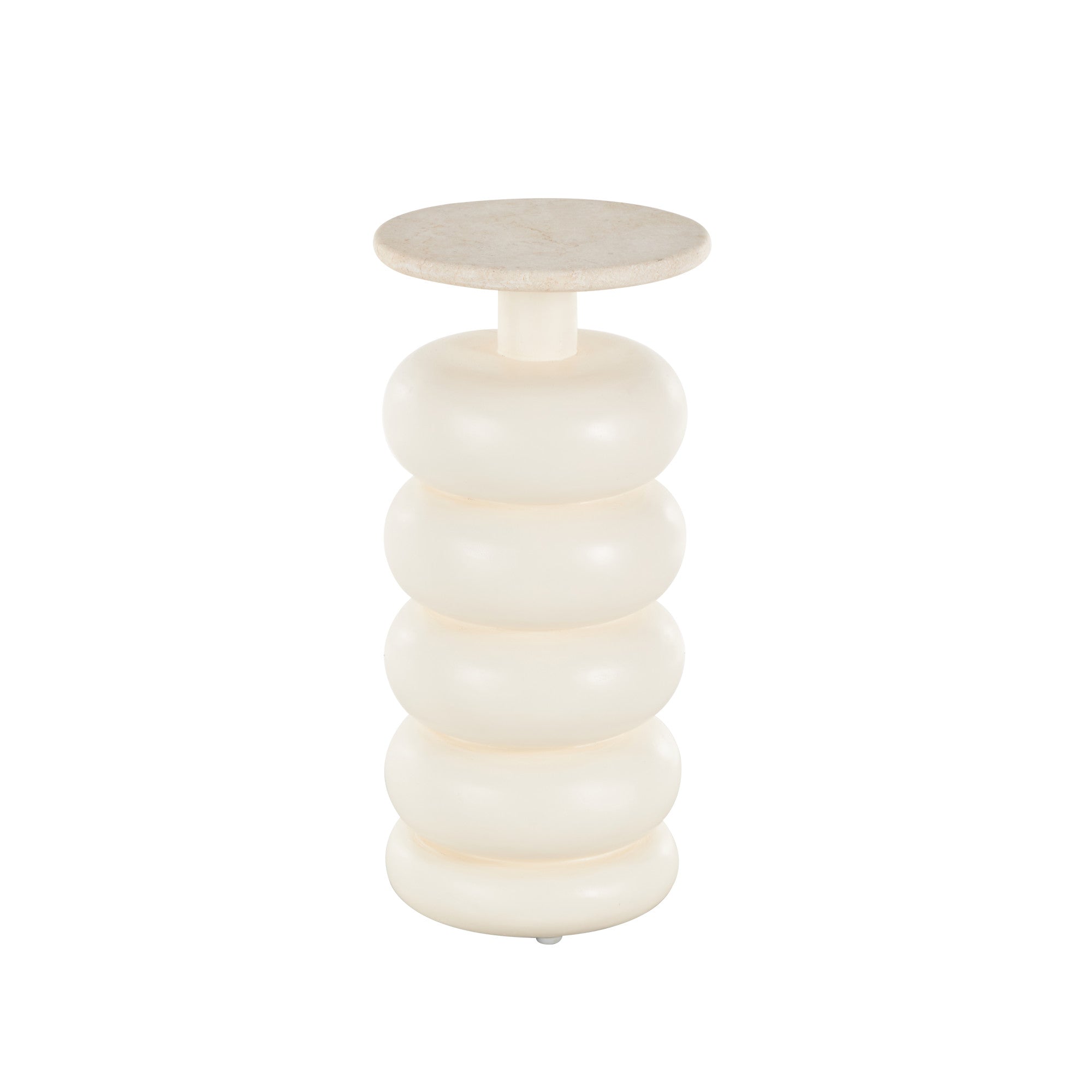 Cream Teak Wood Handmade Carved Bubble Inspired Side End Accent Table with Marble Tabletop