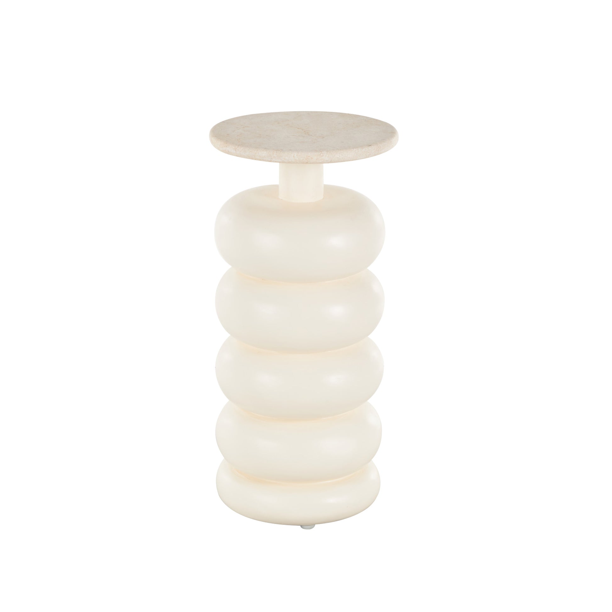 Cream Teak Wood Handmade Carved Bubble Inspired Side End Accent Table with Marble Tabletop