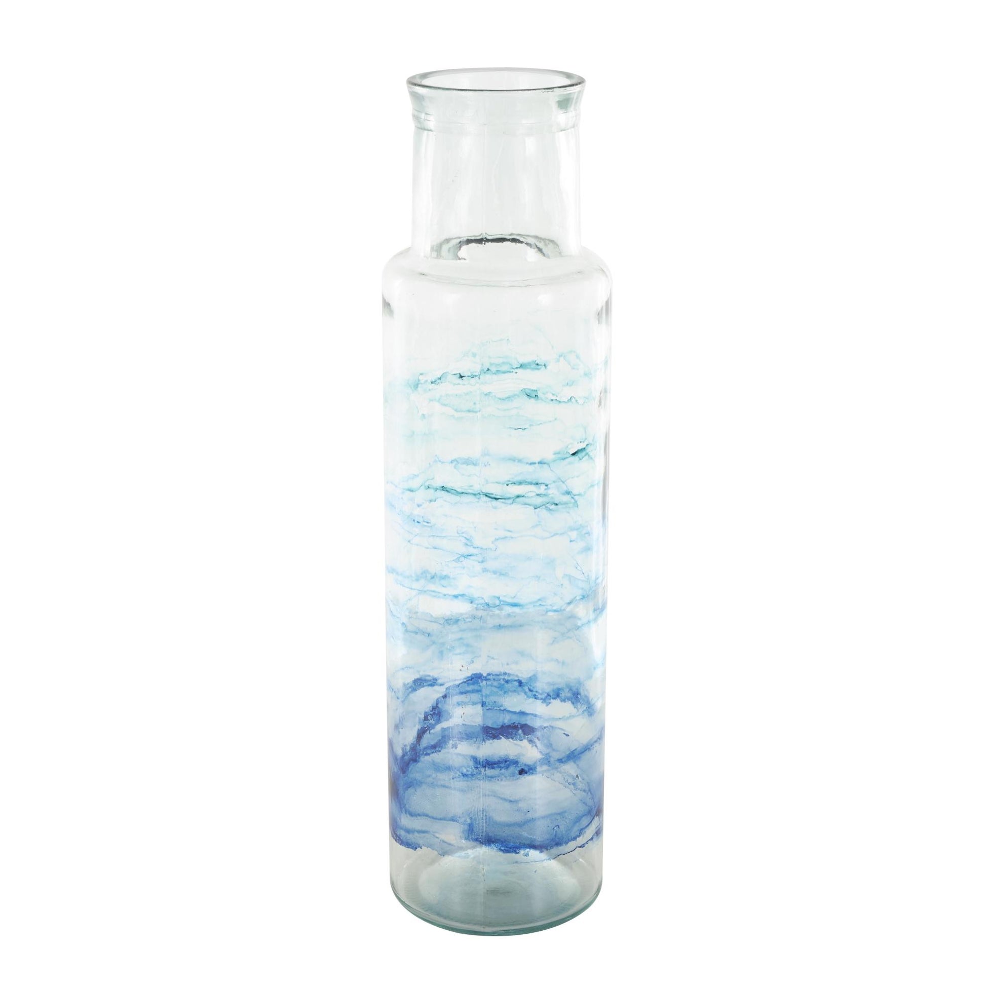 Recycled Glass Abstract Decorative Vase with Swirled Colored Glass Bands 6" x 6" x 22"