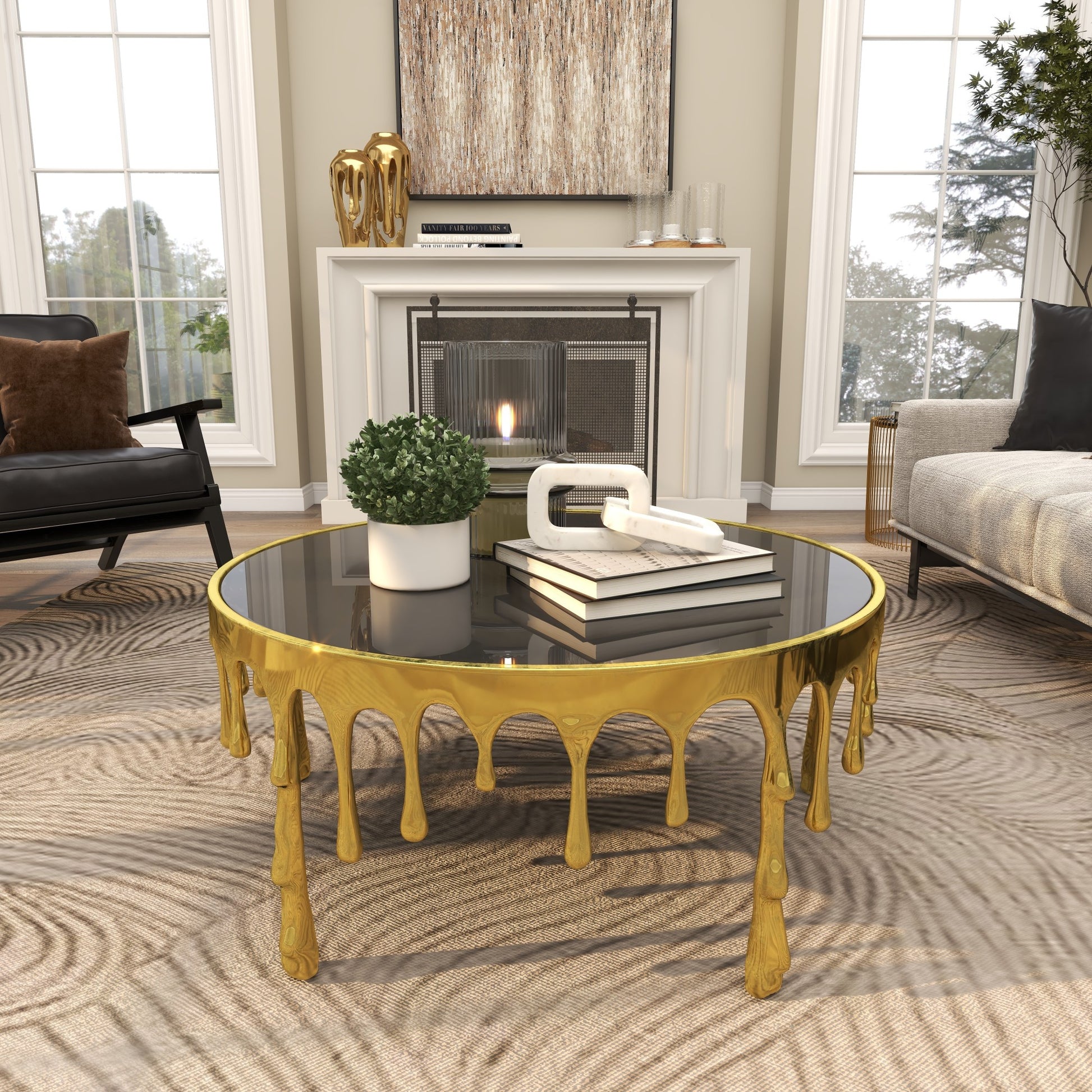 Abstract Aluminum Metal Drip Living Room Coffee Table with Melting Designed Legs and Shaded Glass Top