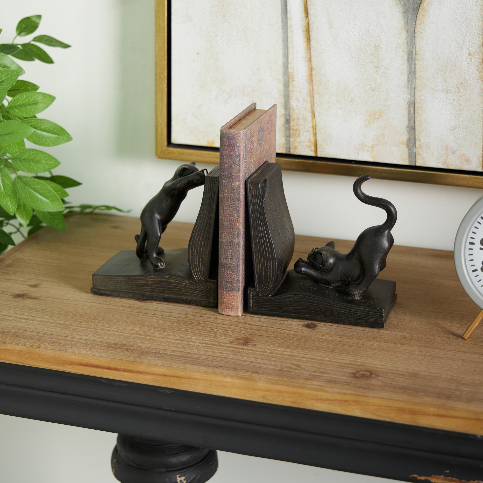 Set of 2 Cat Black Polystone Reading Decorative Bookends