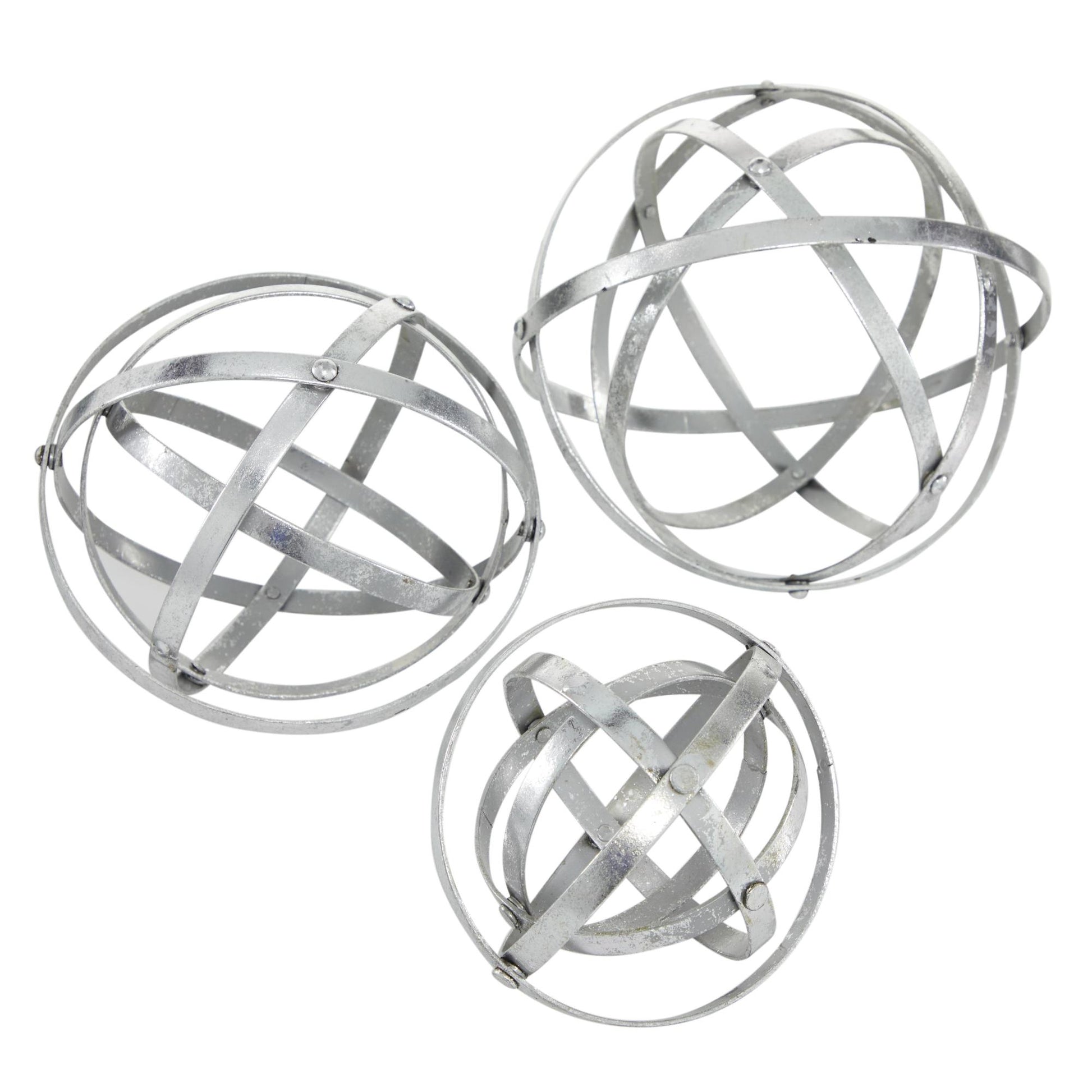 Set of 3 Geometric Silver Metal Decorative Sculpture