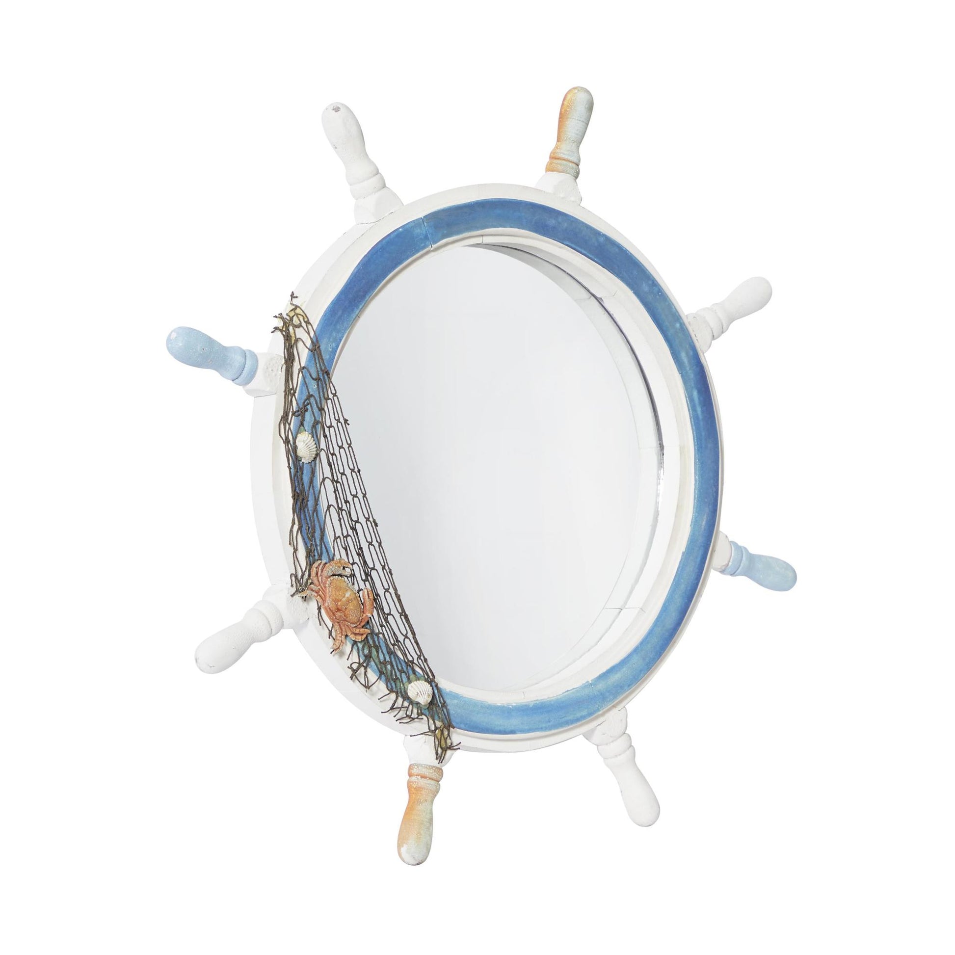 Ship Wheel Blue Wood Room Wall Mirror with White Spokes and Sealife with Netting Accent