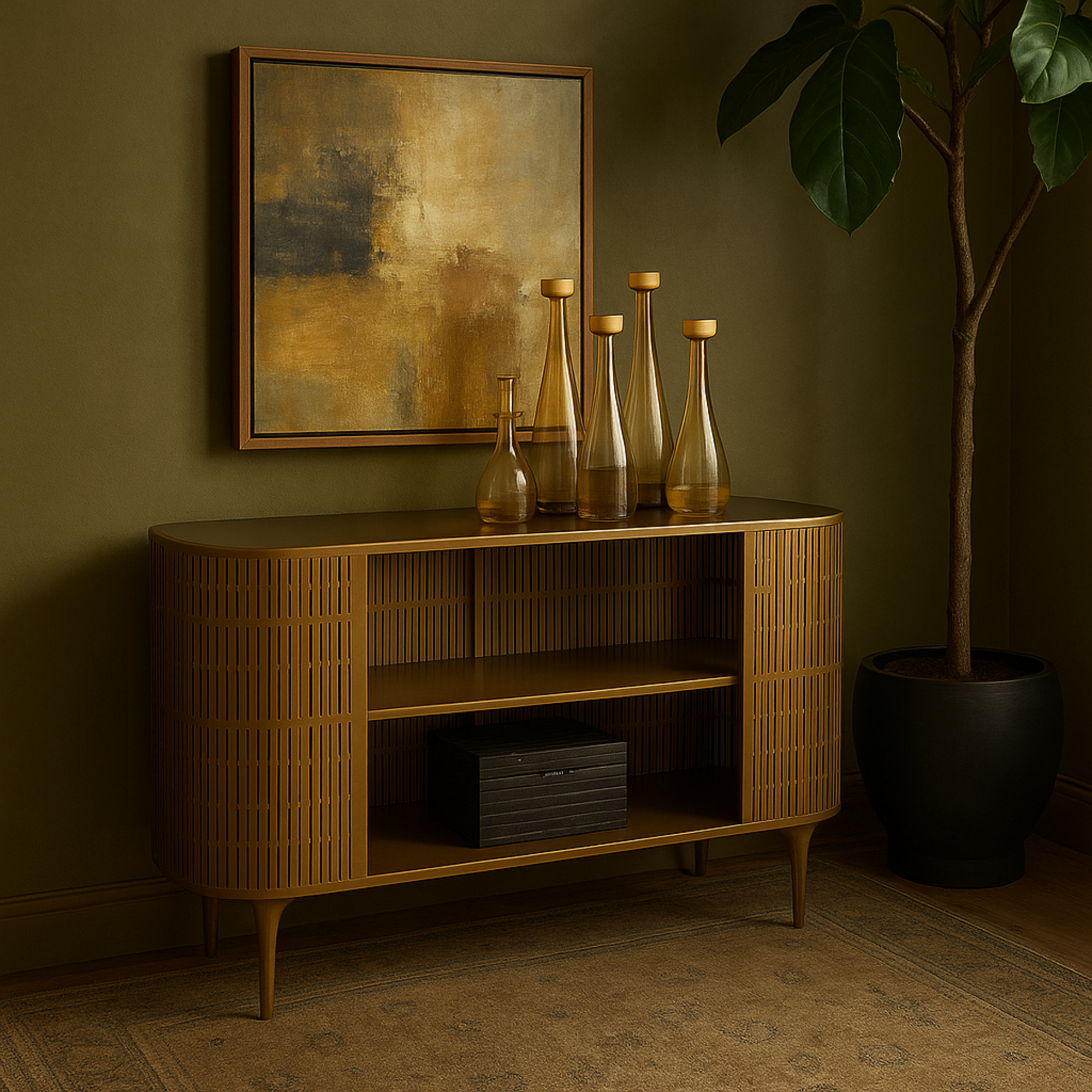 Gold Metal Art Deco Inspired Living Room Console Table with Black Tempered Glass Top